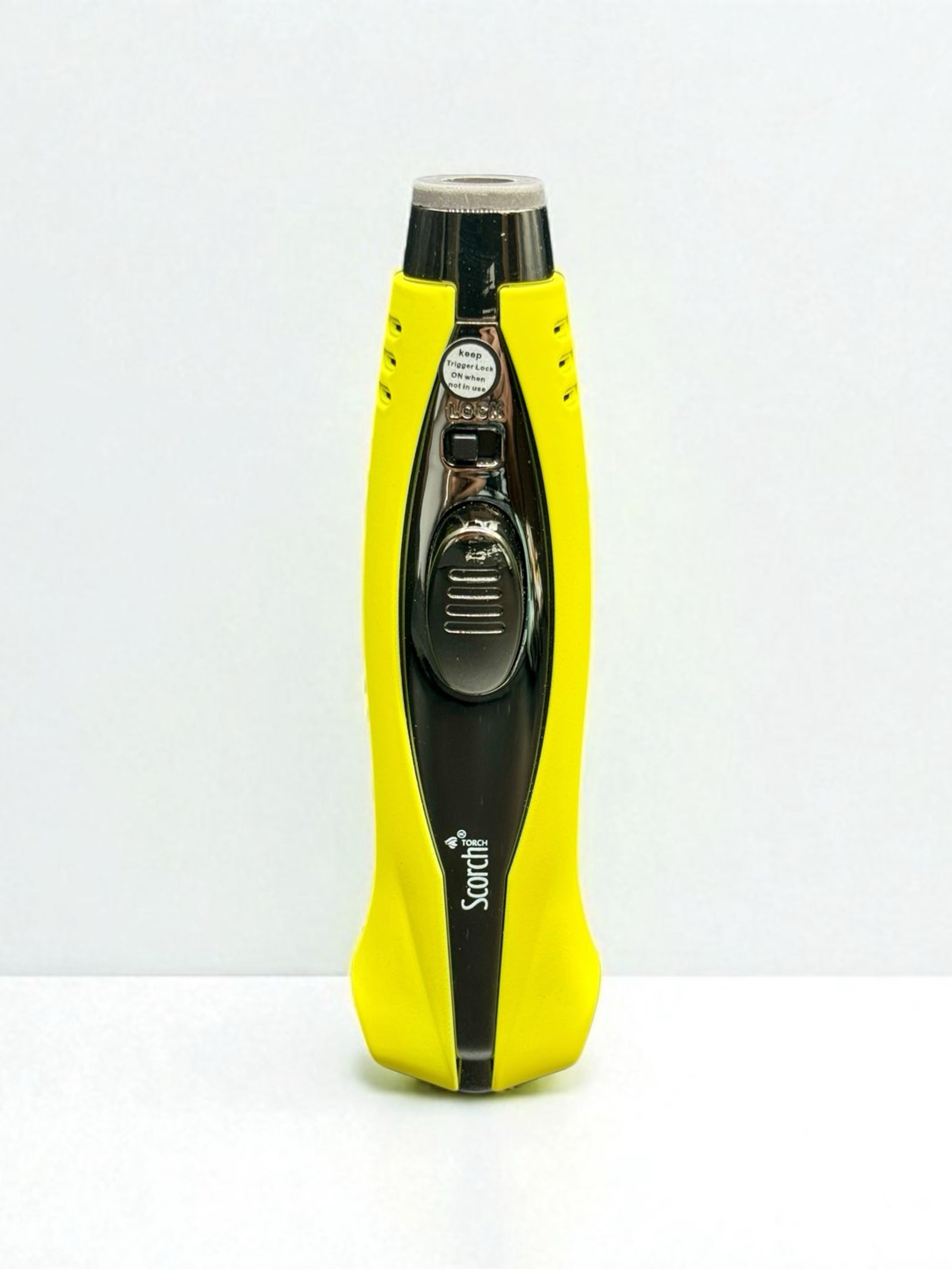 Preview pic of Scorch Torch 61688 – 4” Single Flame Refillable Butane Lighter – Yellow & Black Design