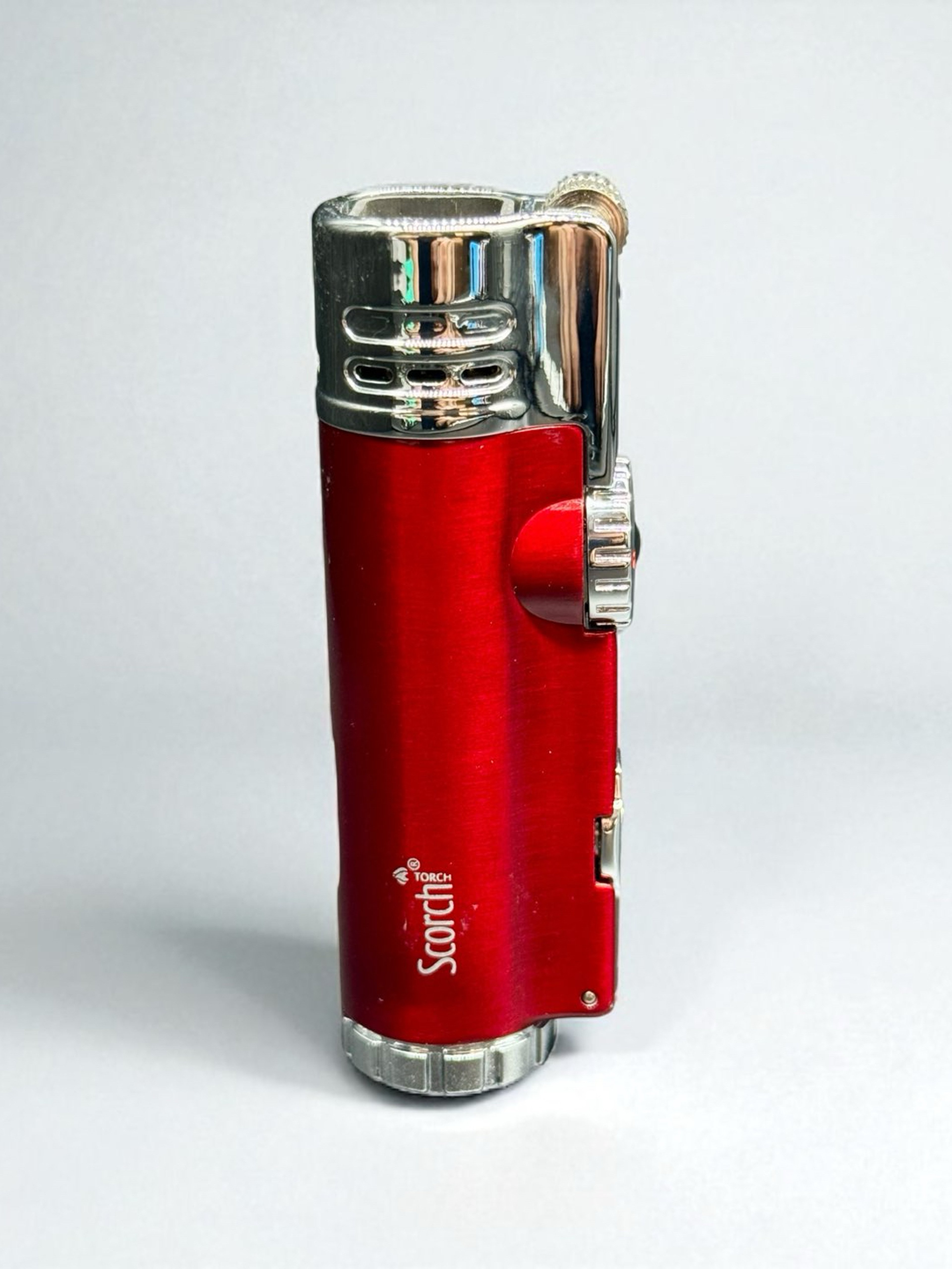 Preview pic of Scorch Torch 61637 – 4 Jet Flame Refillable Torch Lighter with Cigar Punch – 3.5” Red – Prefilled Butane Gas
