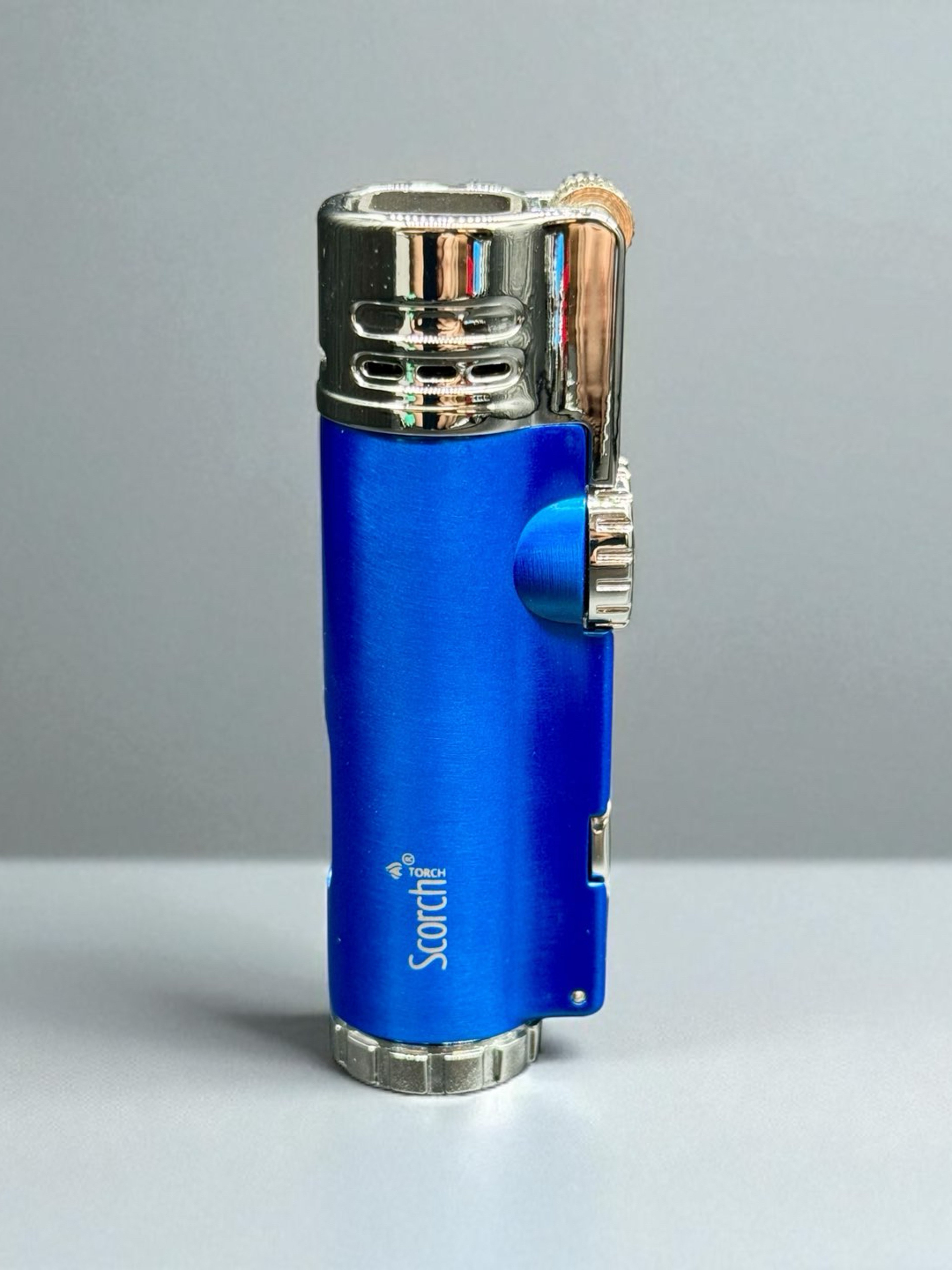 Preview pic of Scorch Torch 61637 – 4 Jet Flame Refillable Torch Lighter with Cigar Punch – 3.5” Royal Blue – Prefilled Butane Gas