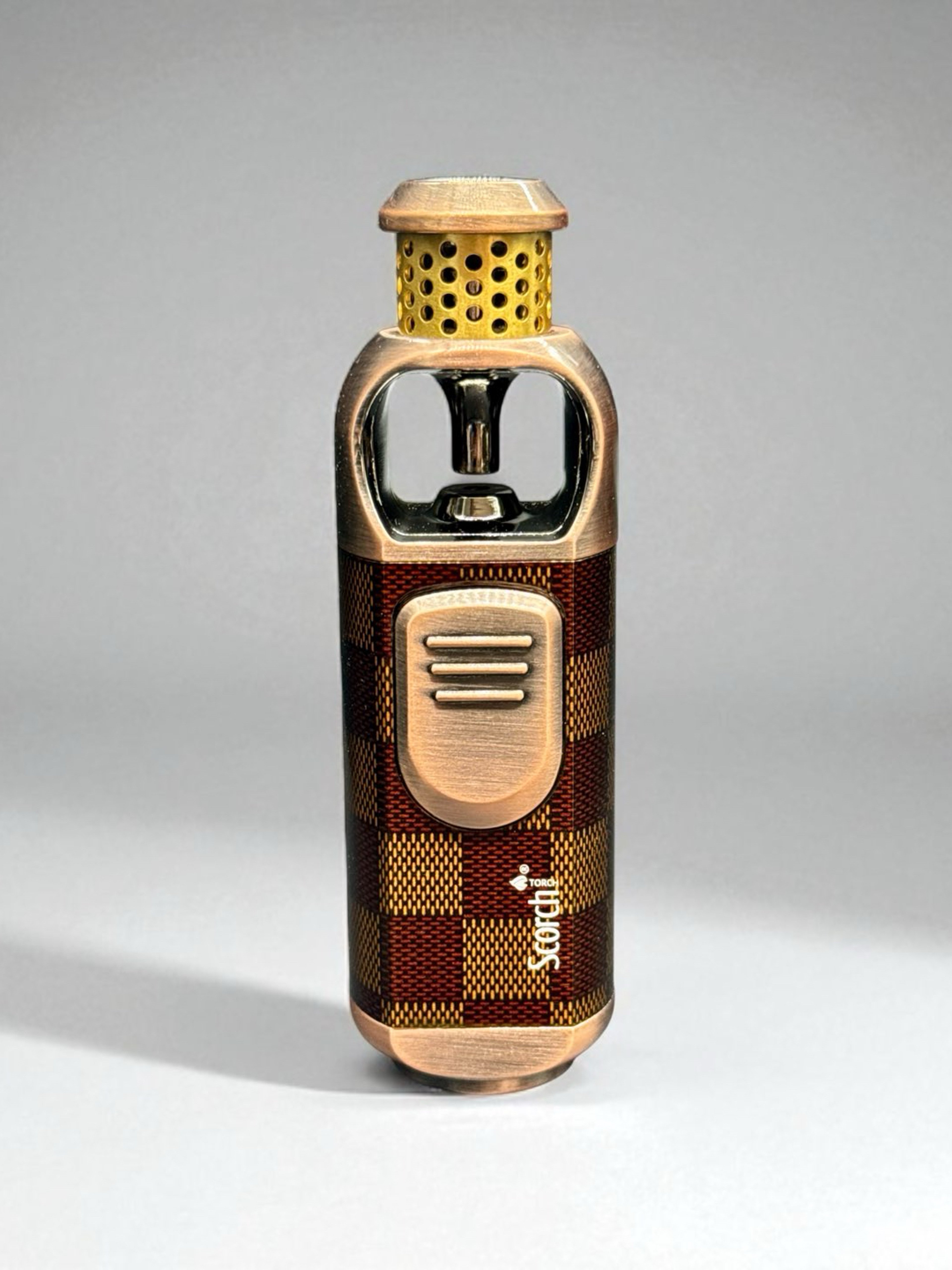 Preview pic of Scorch Torch 61795 – 4” Single Flame Heavy Duty Metal Torch Lighter (Checkered Bronze, Prefilled Butane)