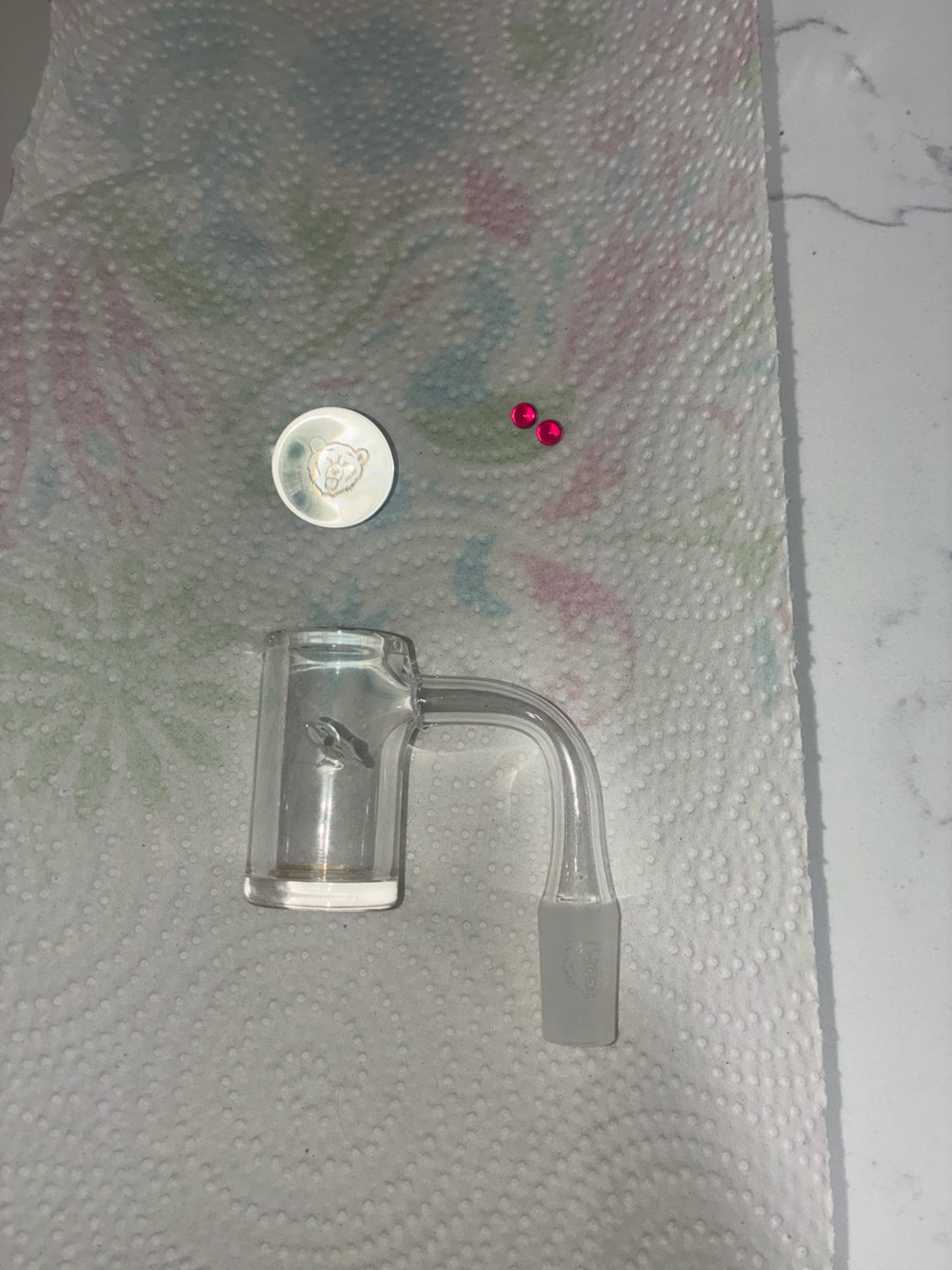 Preview pic of Bear Quartz 14 male 90° 22mm auto spinner banger, BQ marble, 2 ruby terp pearls