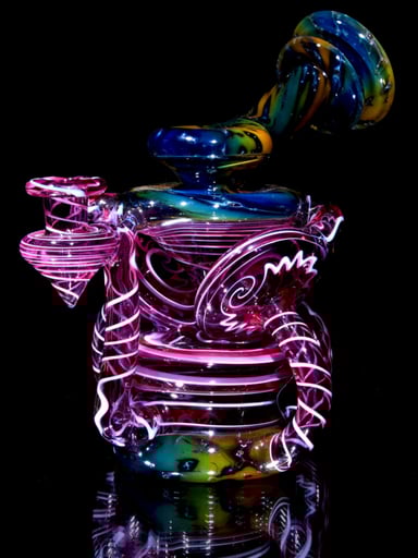 Preview pic of Crushed Opal Fume/ Gold Ruby Over Gold Amethyst & Lotus White Swirl Double Disk Triple Drain Recycler - 10mm female