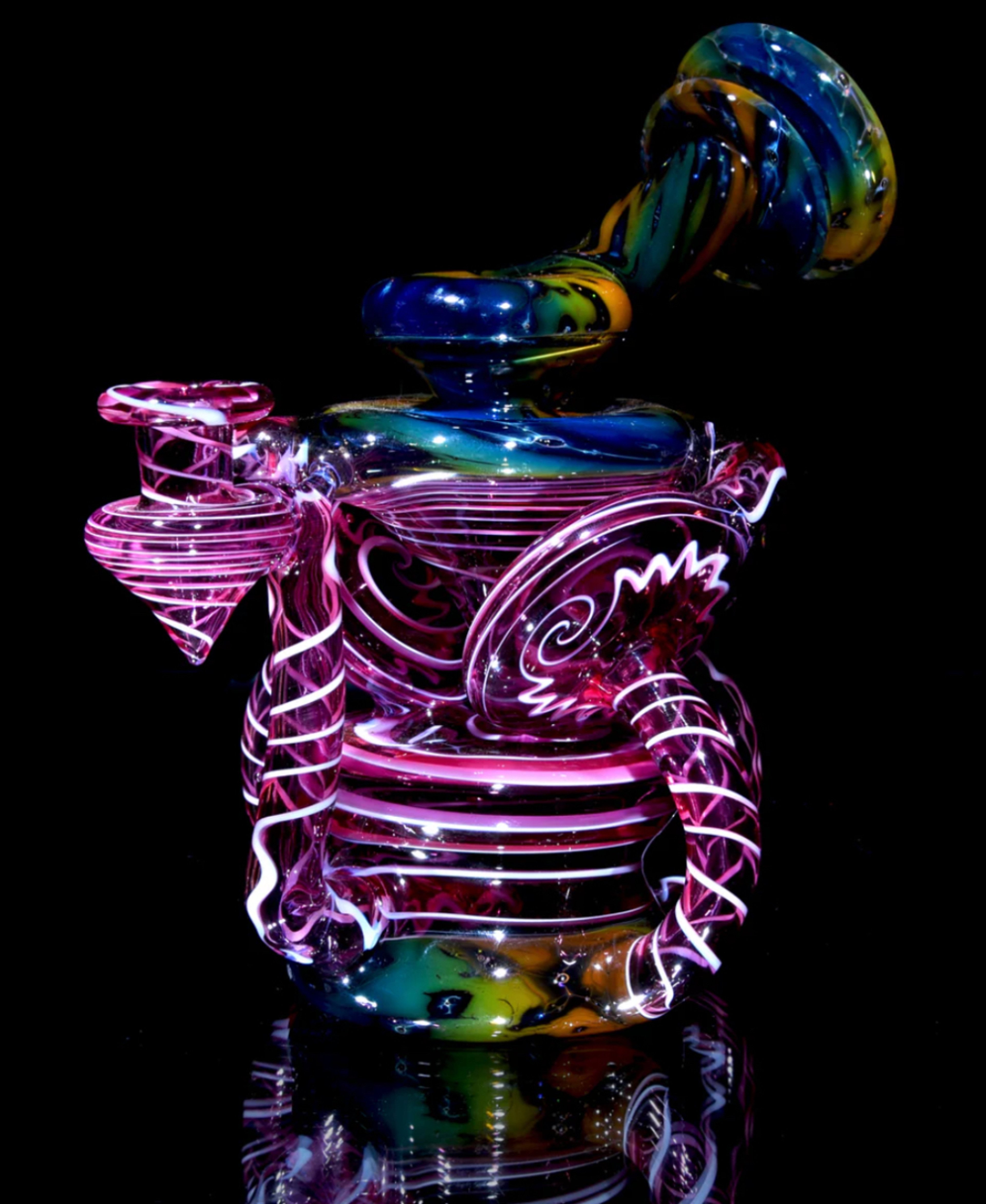Crushed Opal Fume/ Gold Ruby Over Gold Amethyst & Lotus White Swirl Double Disk Triple Drain Recycler - 10mm female image 0