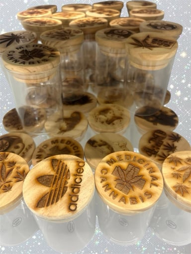 Preview pic of (5 count) Glass Sealed Stash Jars w/ Engraved Wooden Designs