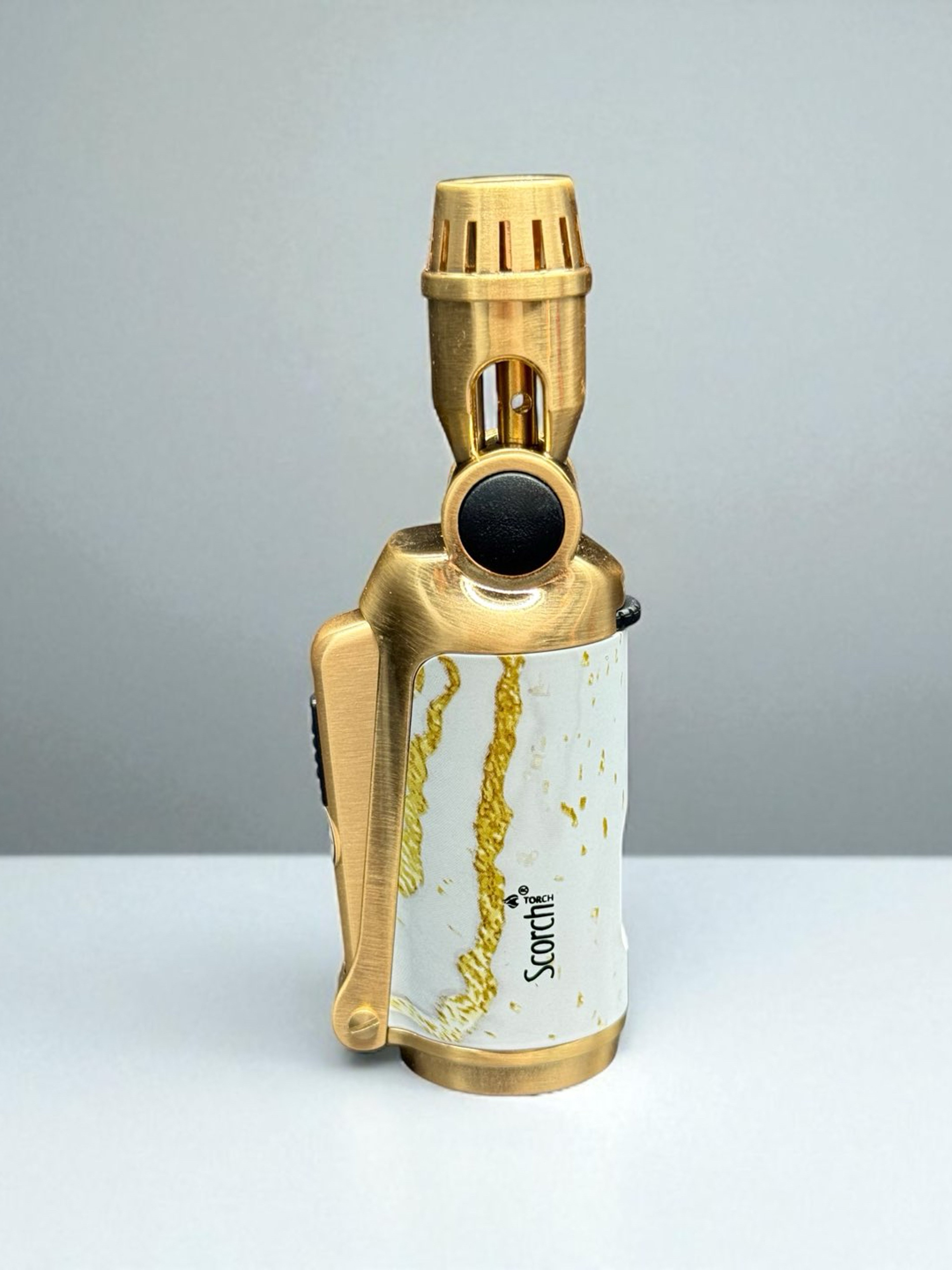 Preview pic of Scorch Torch 61829 Refillable Butane Lighter – Single Flame, Adjustable Angle Torch – 4.5” Gold with White Marble Design