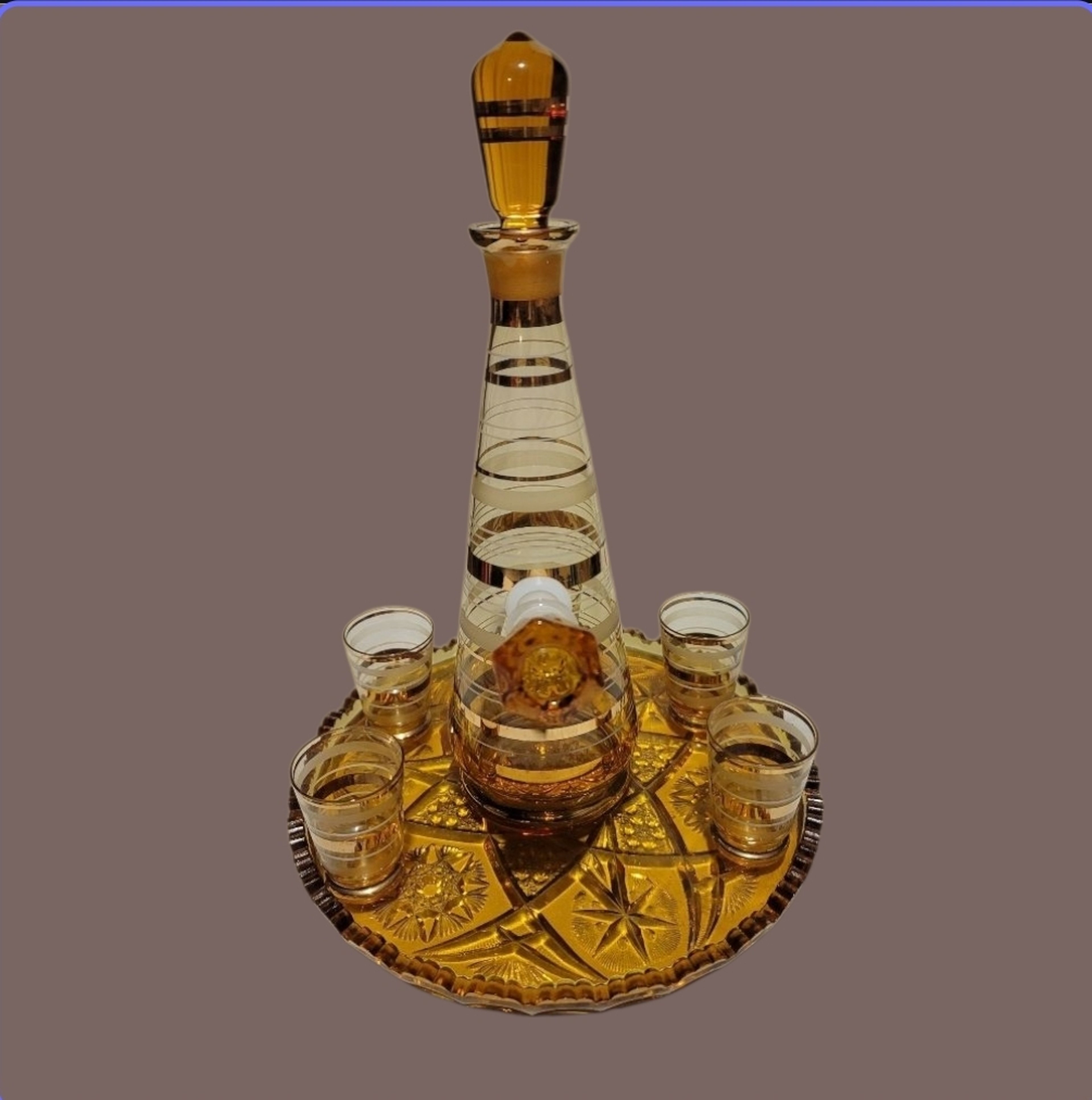 Preview pic of Groovy Amber Striped Vintage Decanter Bong Set