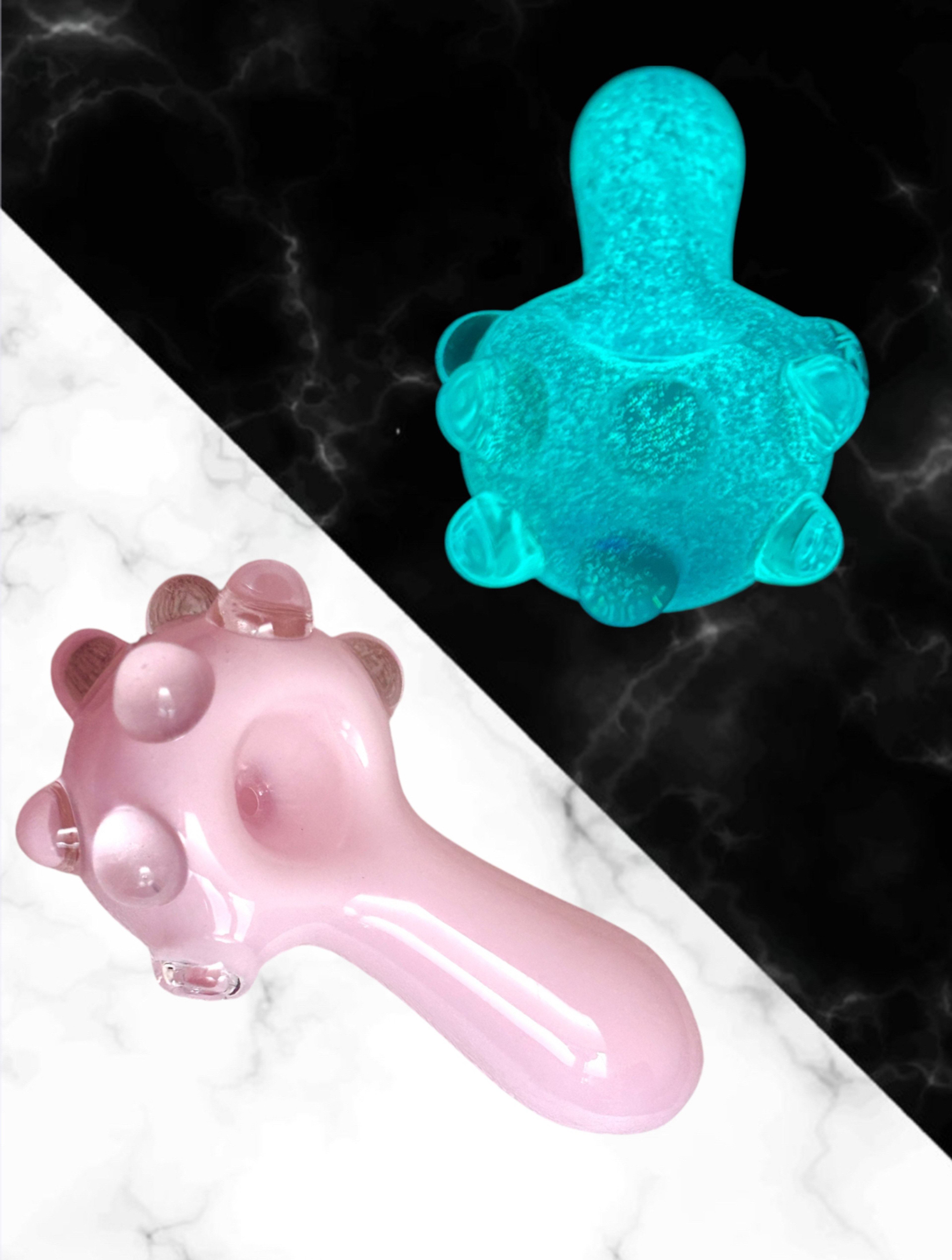 Preview pic of Opaque Baby Pink 💗 wifh Bright Aqua Glow in the Dark Marbled Pipe