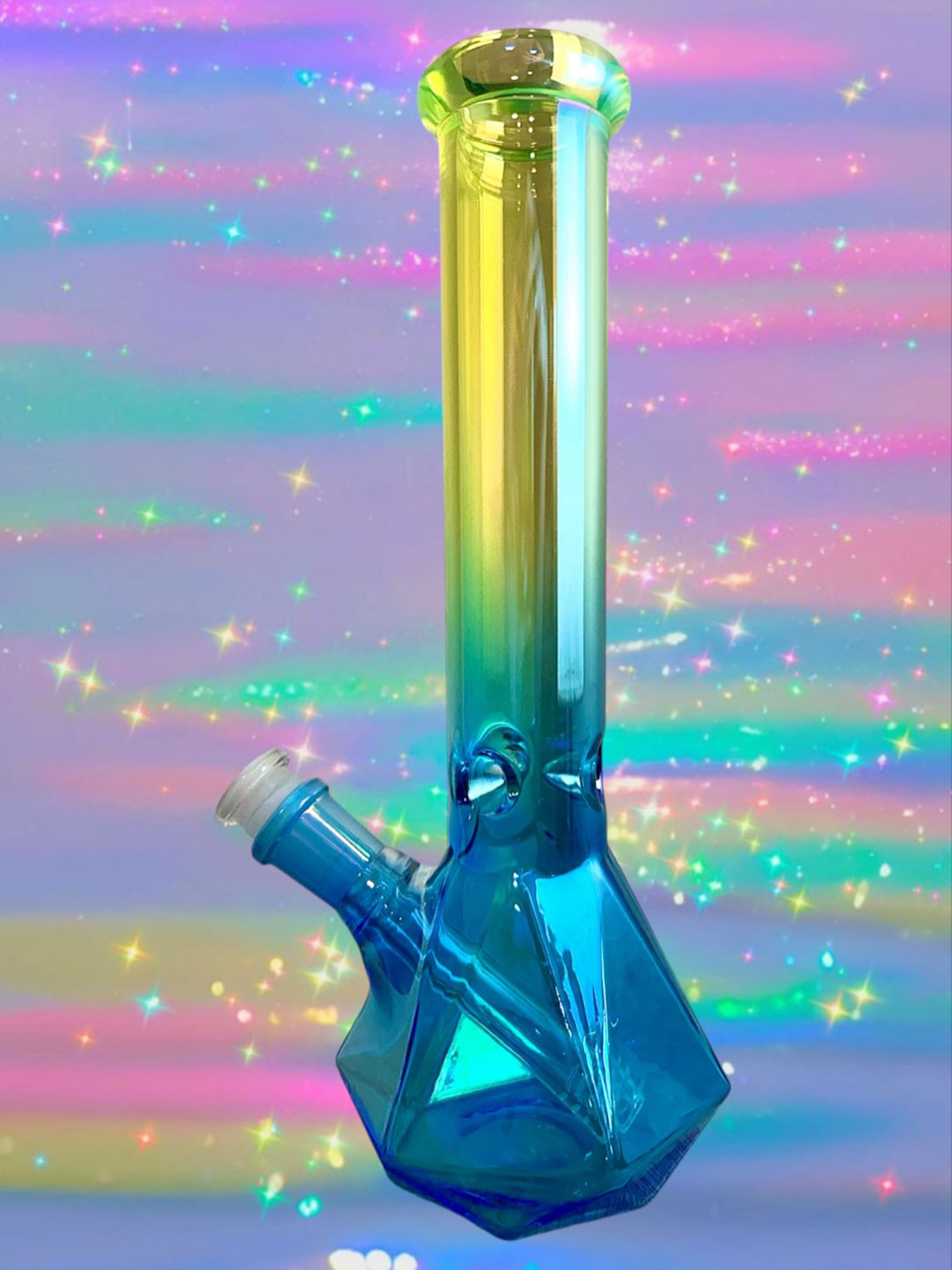 Preview pic of Smoke Mega Electroplated Blue to Green to Yellow Hexagon Base 10” Glass Diamond Cut Straight Tube