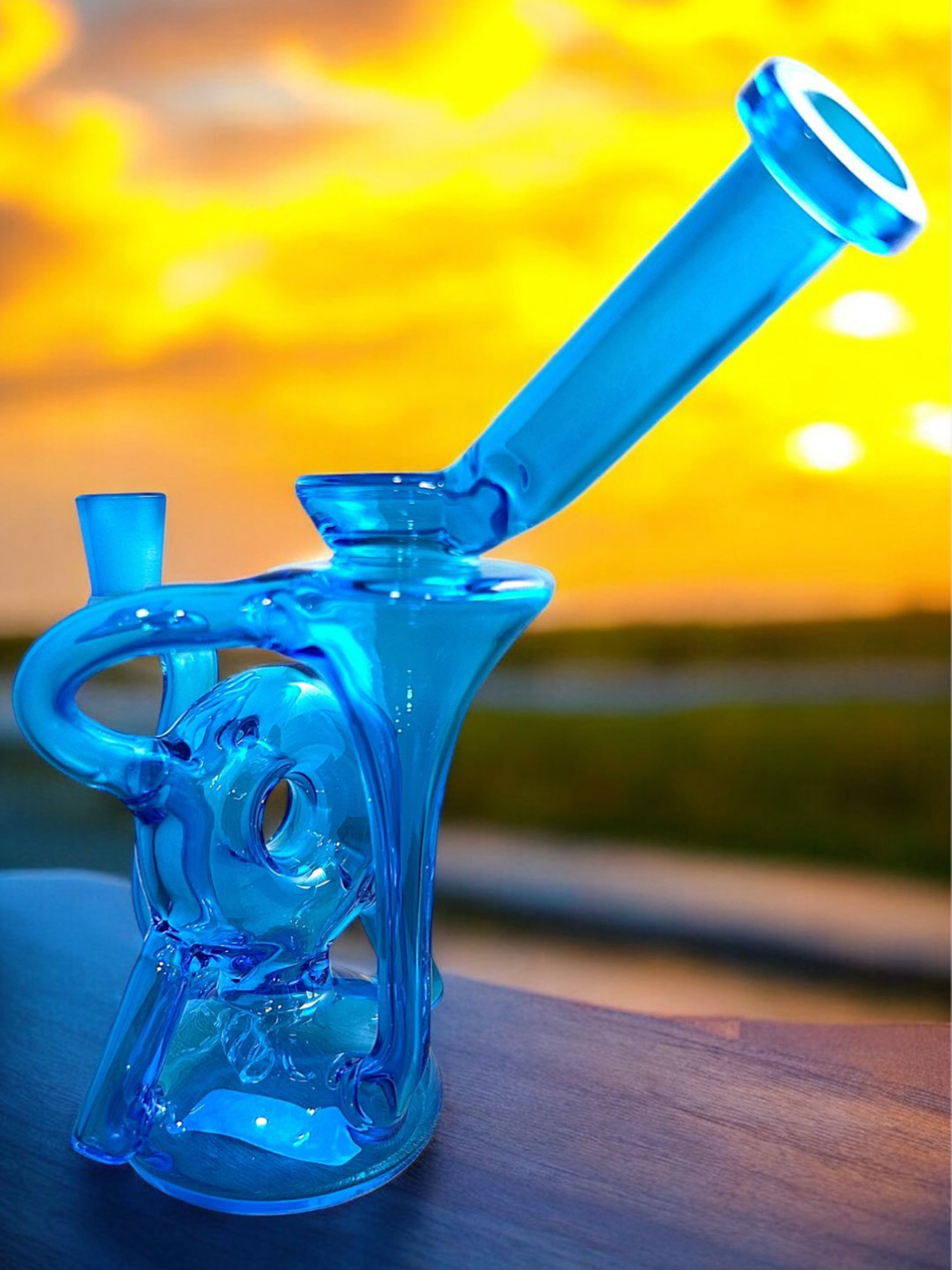 Preview pic of 8” Electric Blue 🦋 Microscope Donut Recycler Bong w 6 Slit Perc