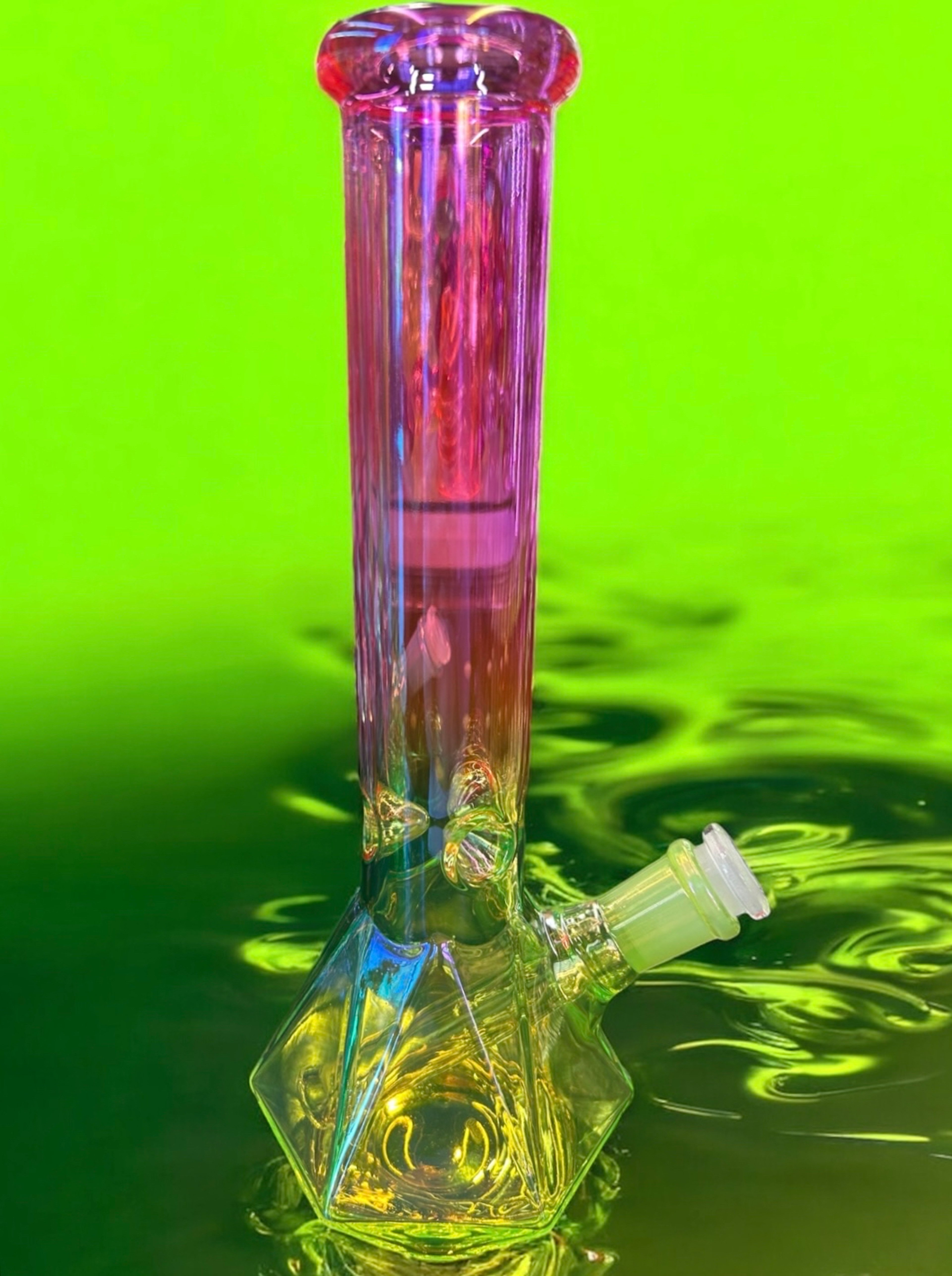 Preview pic of Smoke Mega Electroplated Neon Green 🧪 to Neon Hot Pink 🩷 Hexagon Base 10” Glass Diamond Cut Straight Tube