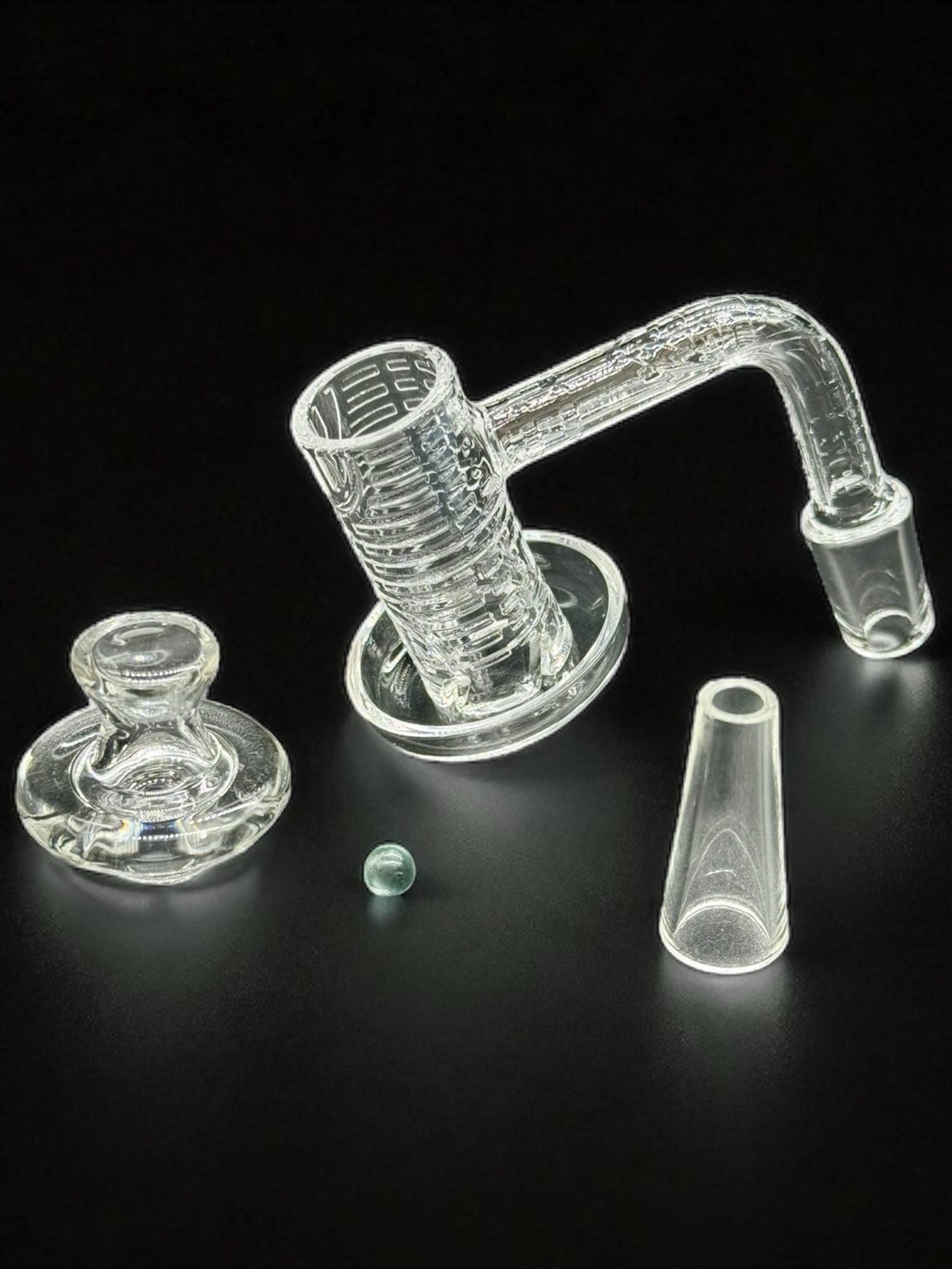 Preview pic of Complete Quartz Banger Set – 14mm Male 90° with Carb Cap, Insert, and Terp Pearl