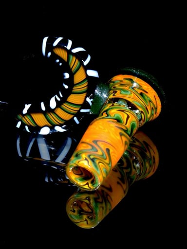 Preview pic of Jake C - Fully-Worked OG Moss & Orange Reversal 4-hole Slide w/ Windowed Crescent Handle - 18mm Male