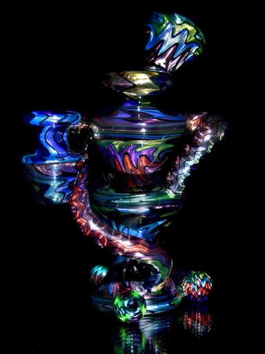 Preview pic of Jakers Glass - UV Reactive Full Rainbow Fume over Electrum Double-Uptake Klein Recycler - 10mm Female