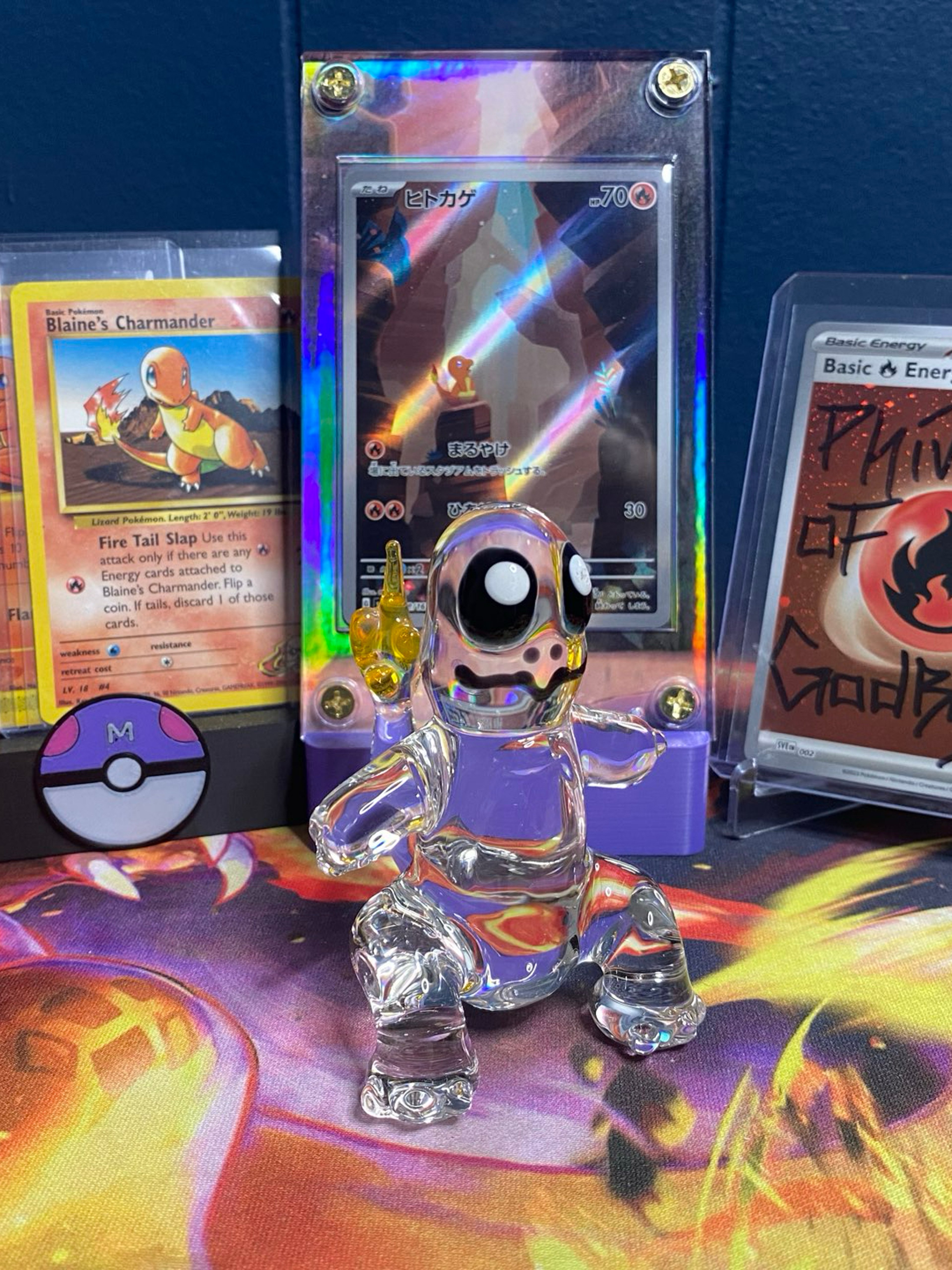 Preview pic of Charmander Desk Piece w/ JPN 151 Charmander in Extended Art Case, Blaine's & Expedition Charmander!