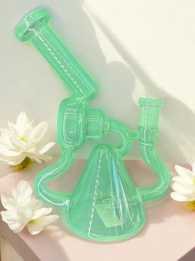 Preview pic of (Style 1) 8" Iridescent Seafoam 🌊 Green Recycler Bong w Microscope Neck & 6 Slit Perc