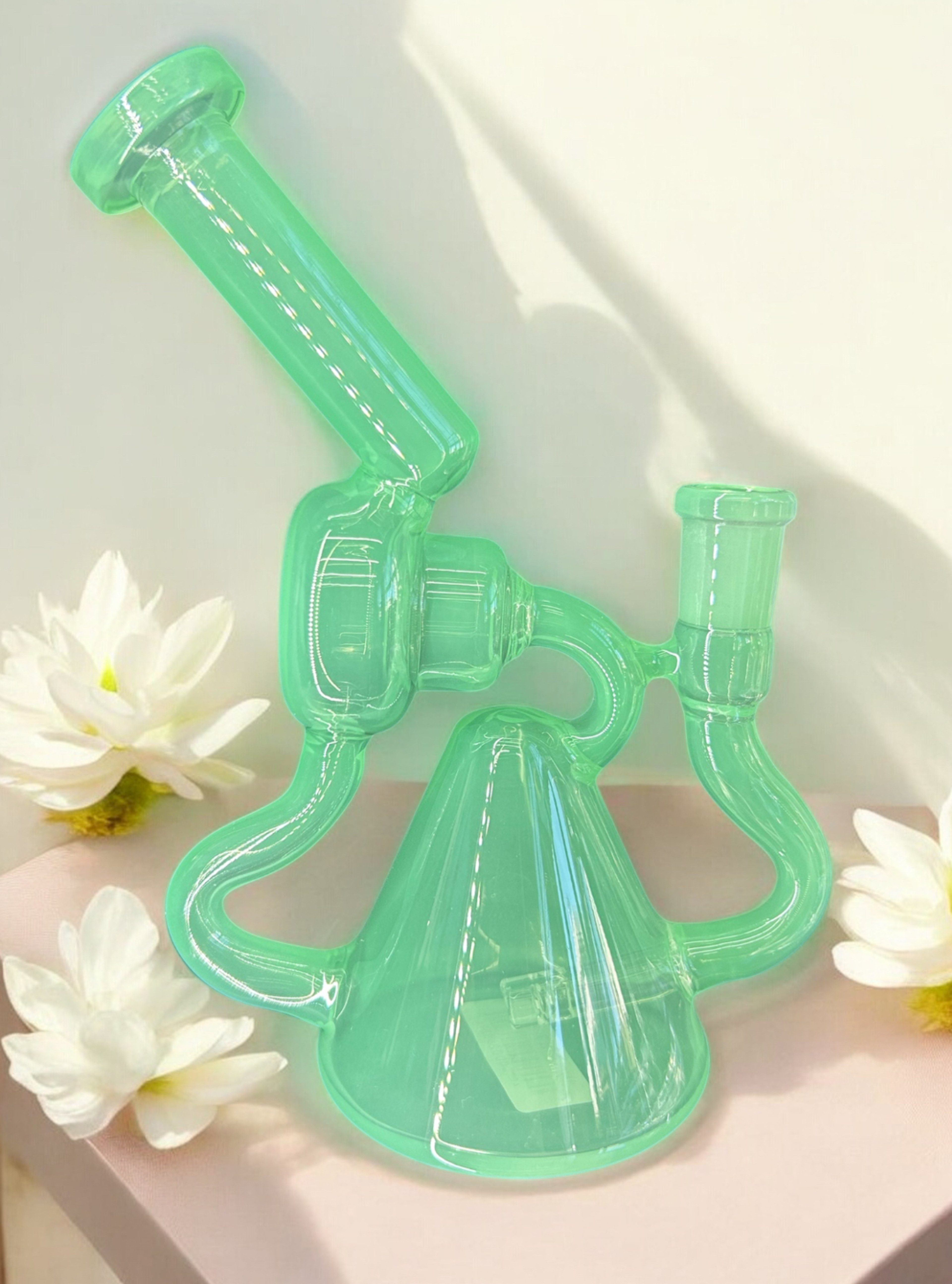 (Style 1) 8" Iridescent Seafoam 🌊 Green Recycler Bong w Microscope Neck & 6 Slit Perc image 0