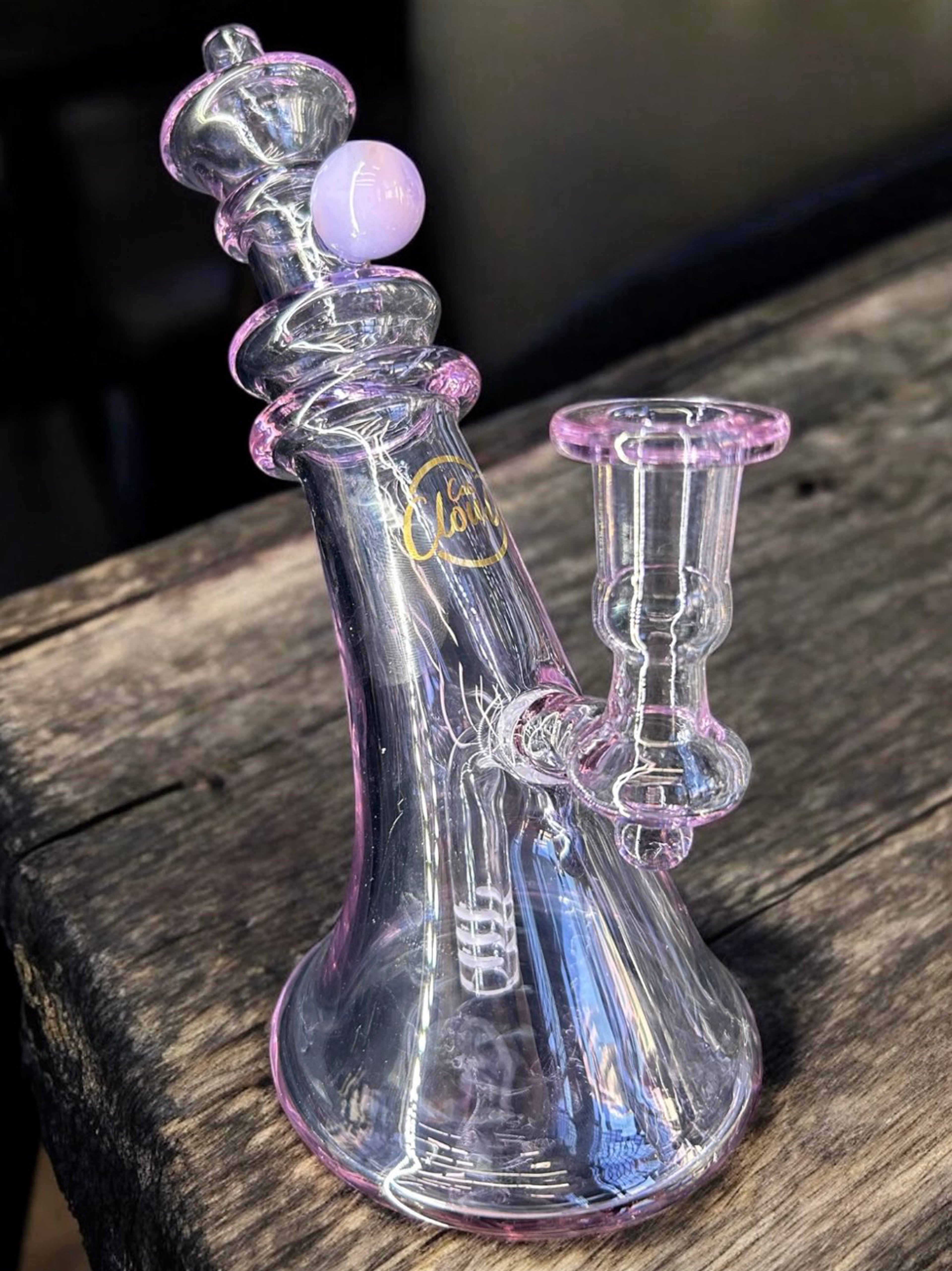 Preview pic of Cali Cloud 🧞 Transparent Purple Sloped 7” Art Deco Bong 14mm Joint w 6 Slit Perc