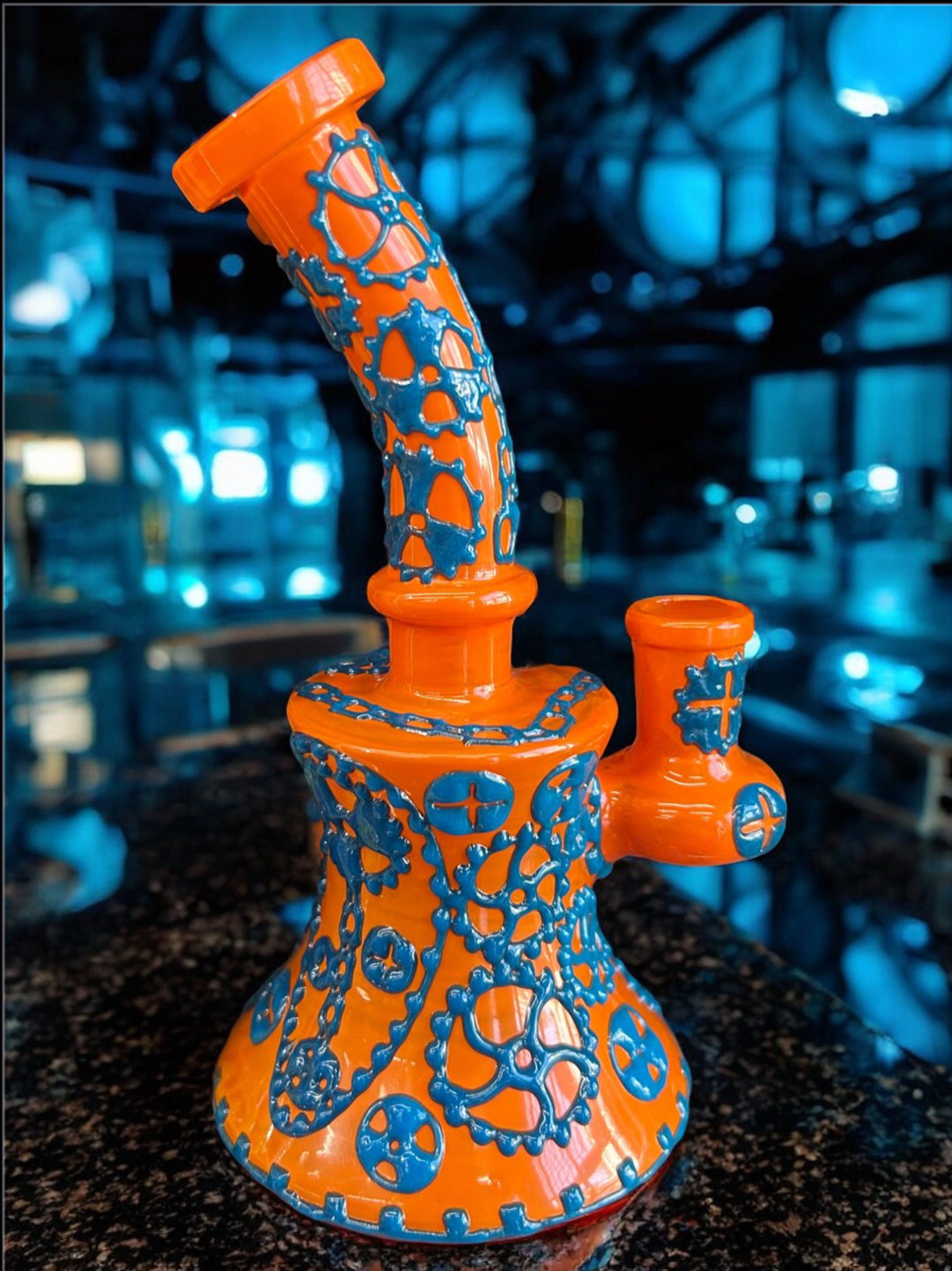 Preview pic of (Style 3) “Chains & Gears” ⚙️ Halloween Handpainted 7” Glow in the Dark Bong