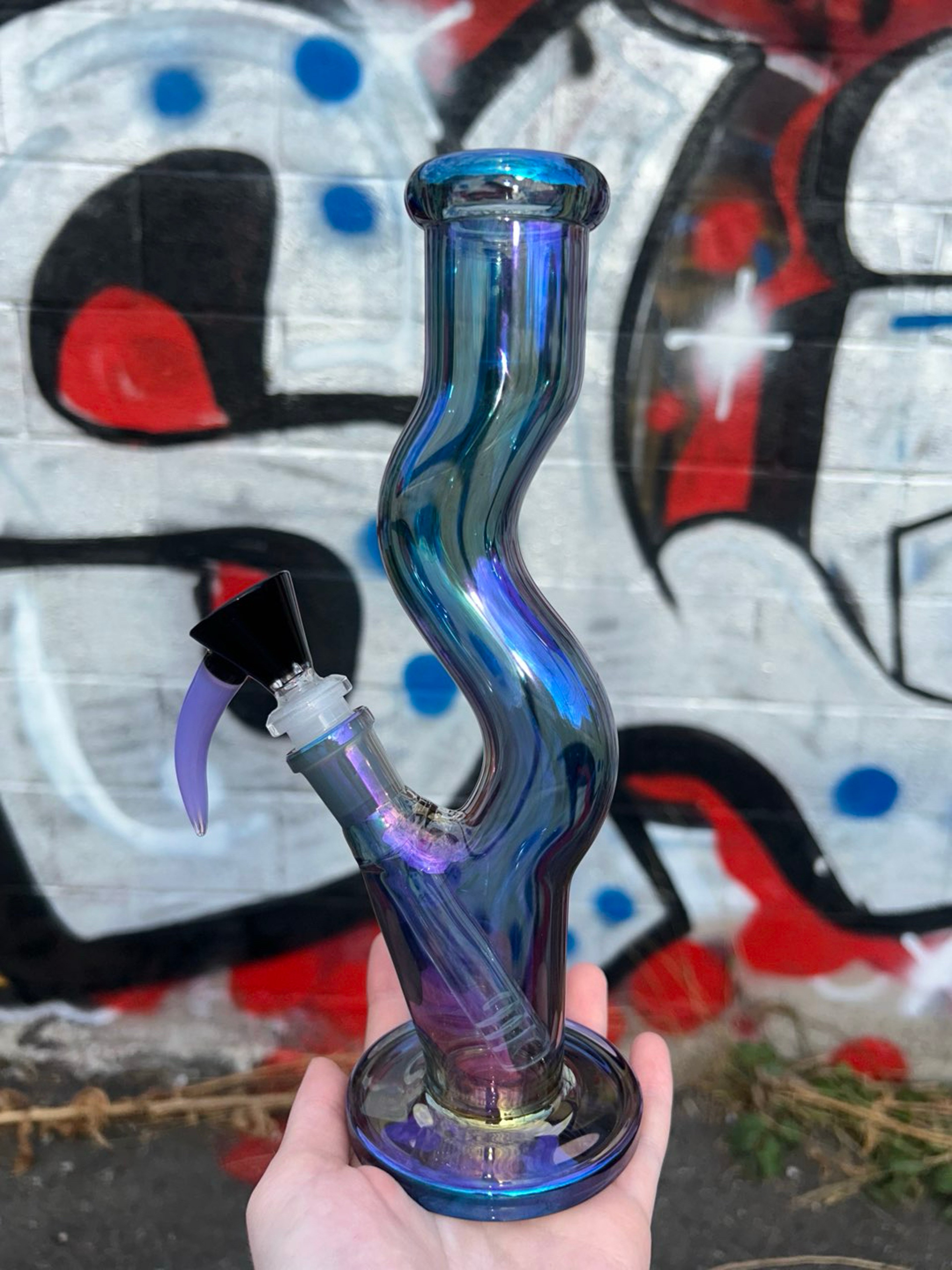Preview pic of 10” Wavy Purple/Blue Holographic Percolator Bong w 14mm Slide