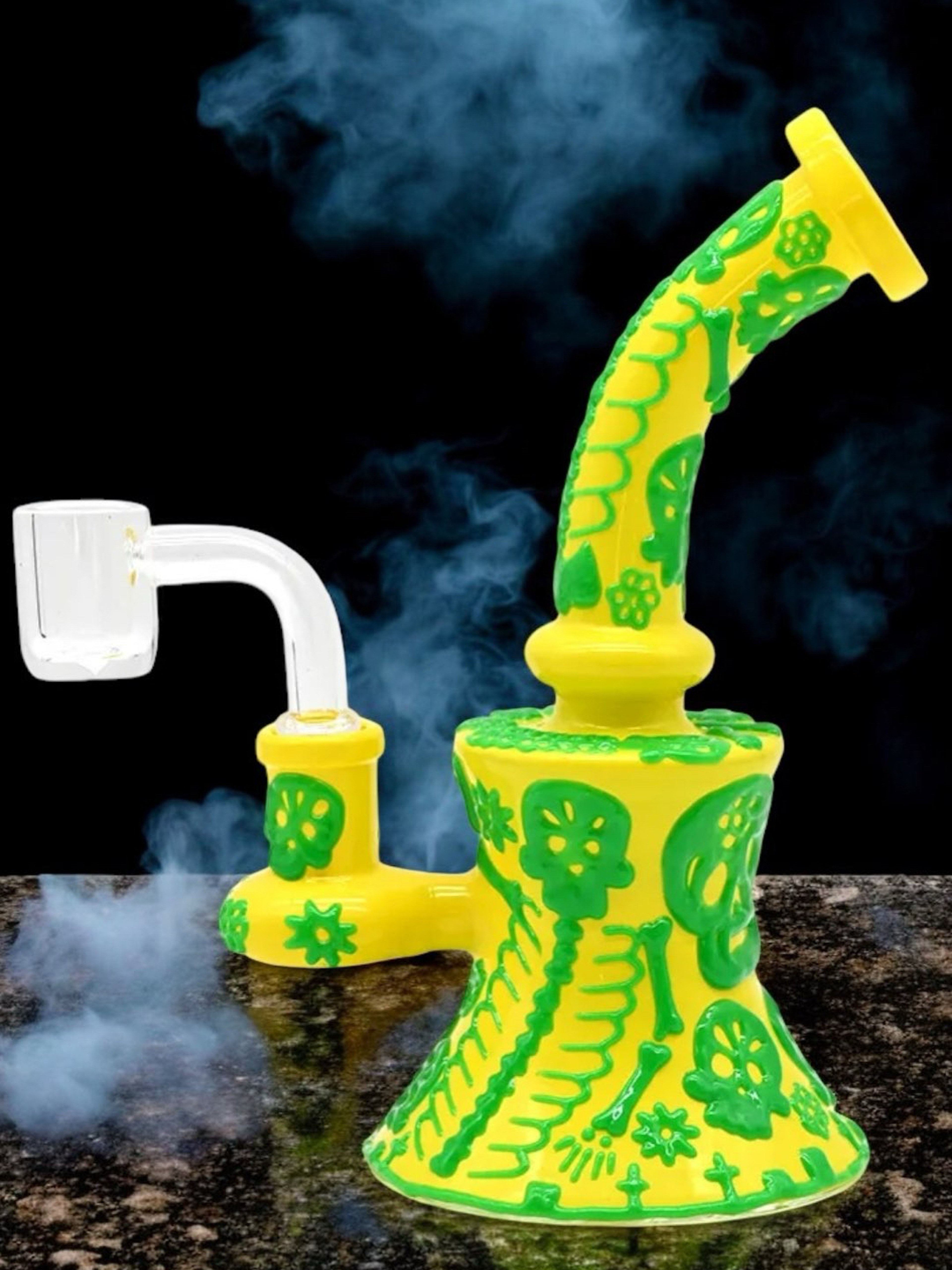 Preview pic of (Halloween Style 4) “Skeletal Slime” Handcrafted Glass Glow in the Dark 7” Yellow & Green Bong