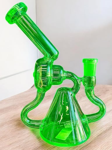 Preview pic of (Style 1) 8" Neon Green 💚 Recycler Bong w Microscope Neck & 6 Slit Perc