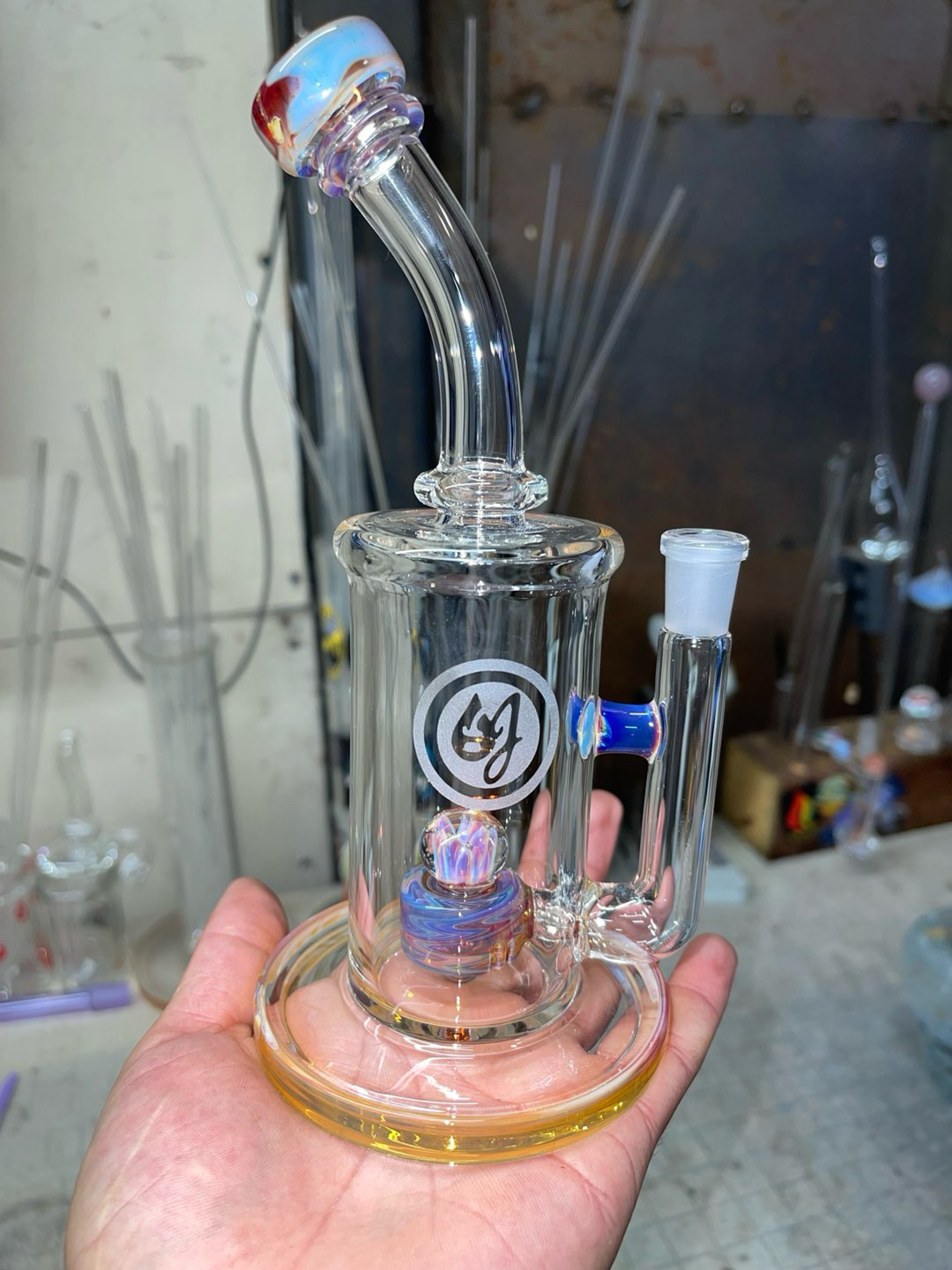 Preview pic of 8” tall 10mm joint, tie dye wigwag and amber purple accents