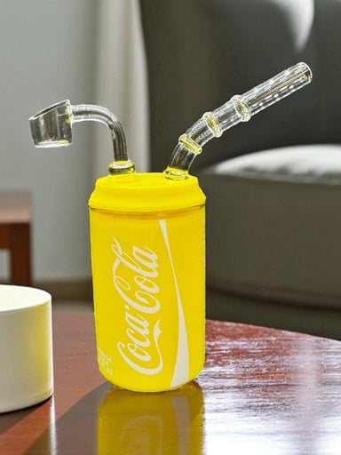 Preview pic of Yellow Coca-Cola Can Mini Dab Rig – 4.5” Glass Bubbler with 14mm Quartz Banger