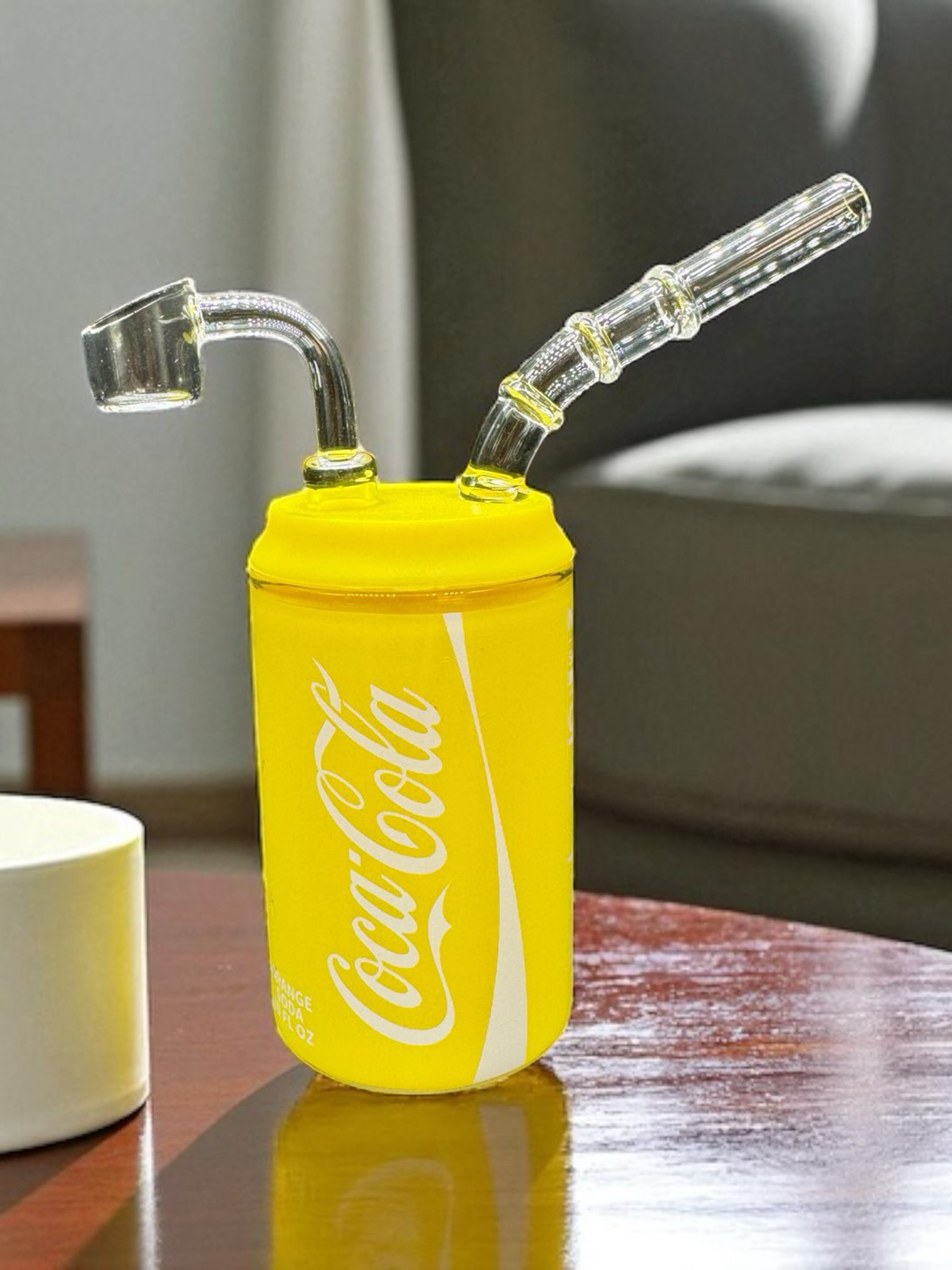 Yellow Coca-Cola Can Mini Dab Rig – 4.5” Glass Bubbler with 14mm Quartz Banger image 0