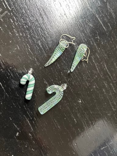 Preview pic of Hemlock glass fang ear rings and cane ornaments