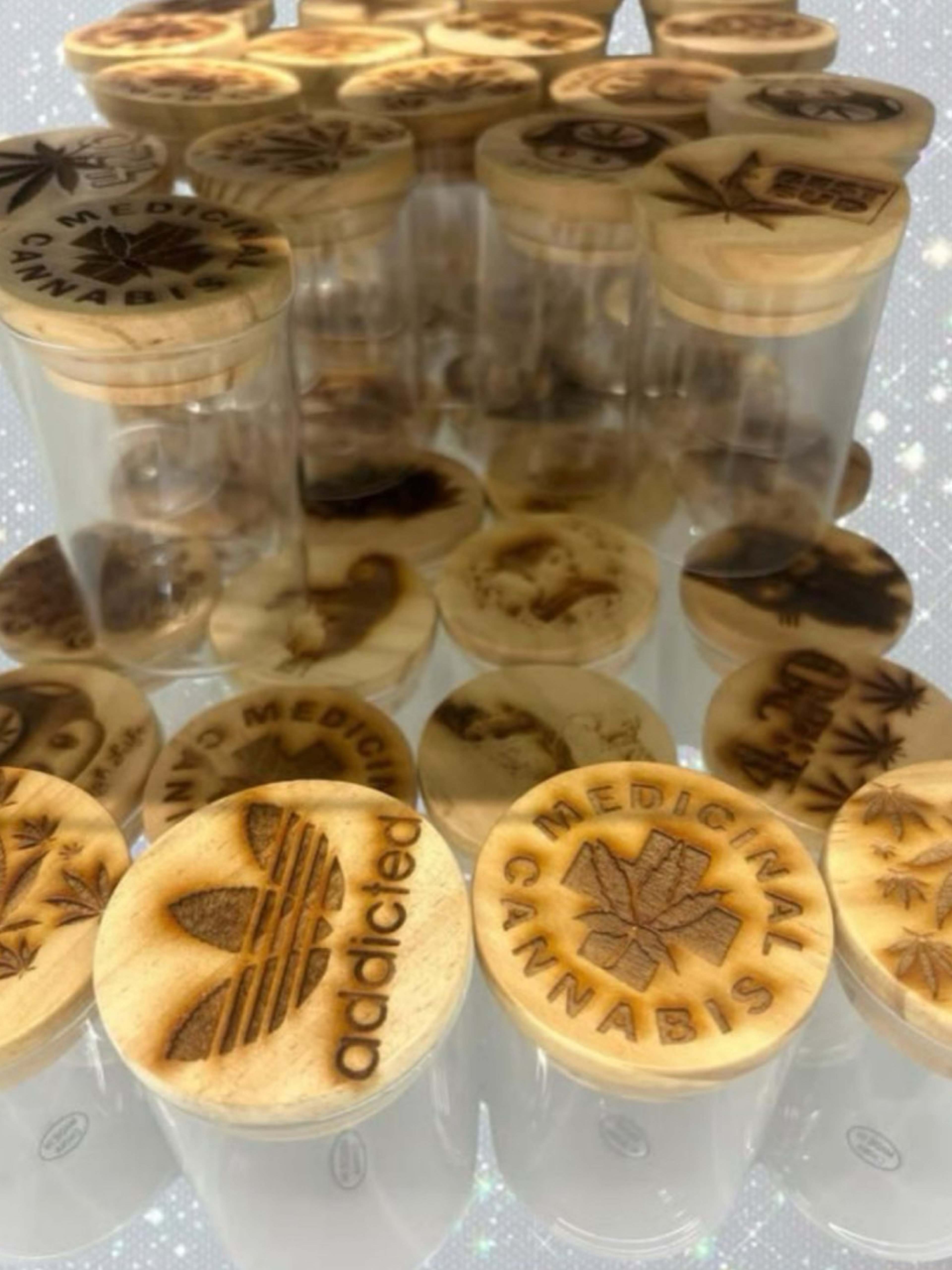 Preview pic of (5 count) Glass Sealed Stash Jars w/ Engraved Wooden Designs