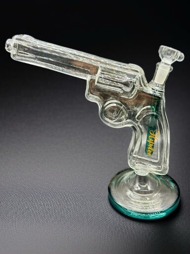 Preview pic of 9.5” Gun-Style Water Pipe – Teal Base | Model GS029 | 14mm Bowl | Borosilicate Glass