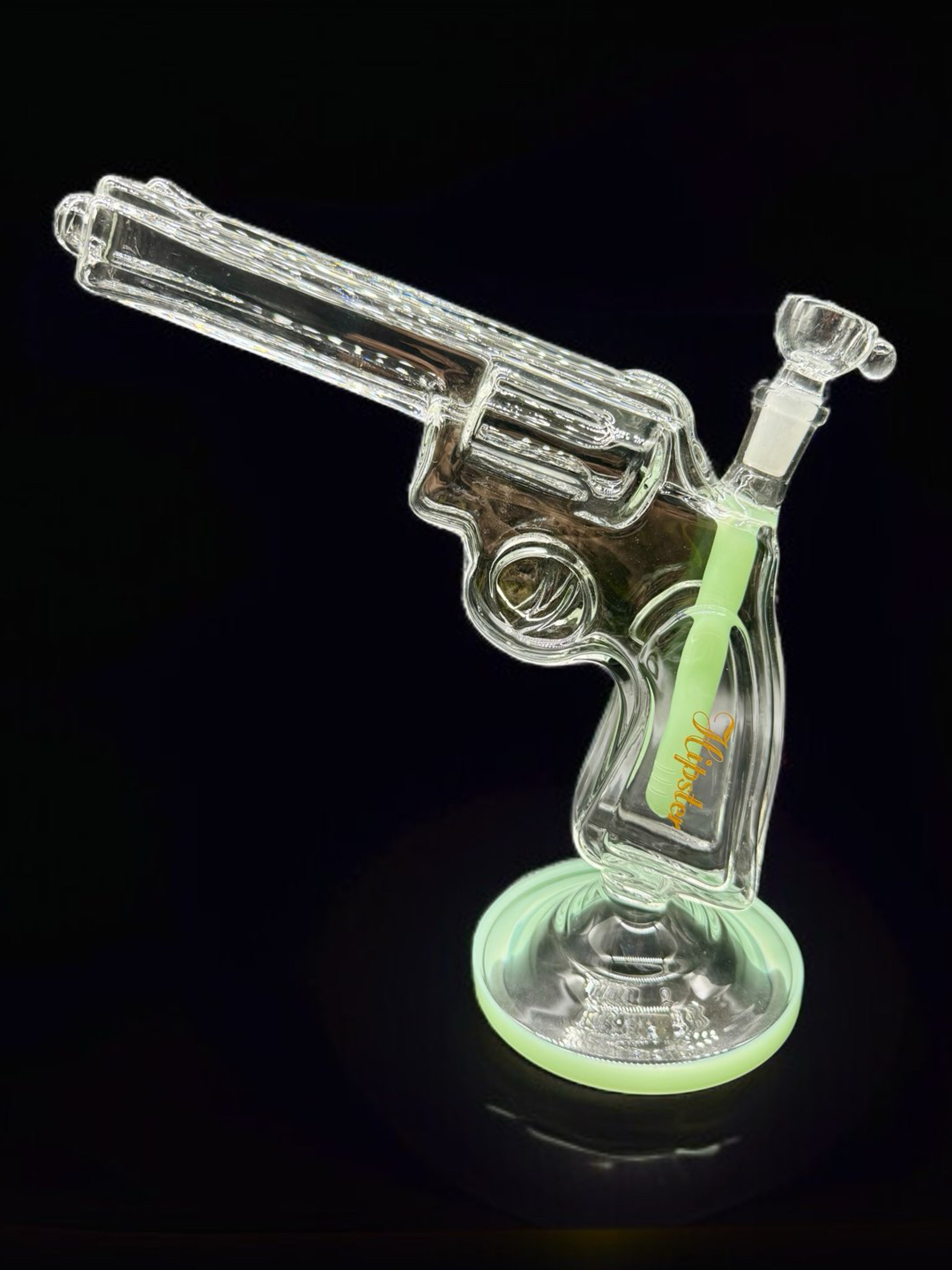 Preview pic of 9.5” Gun-Style Water Pipe – Green Base | Model GS029 | 14mm Bowl | Borosilicate Glass
