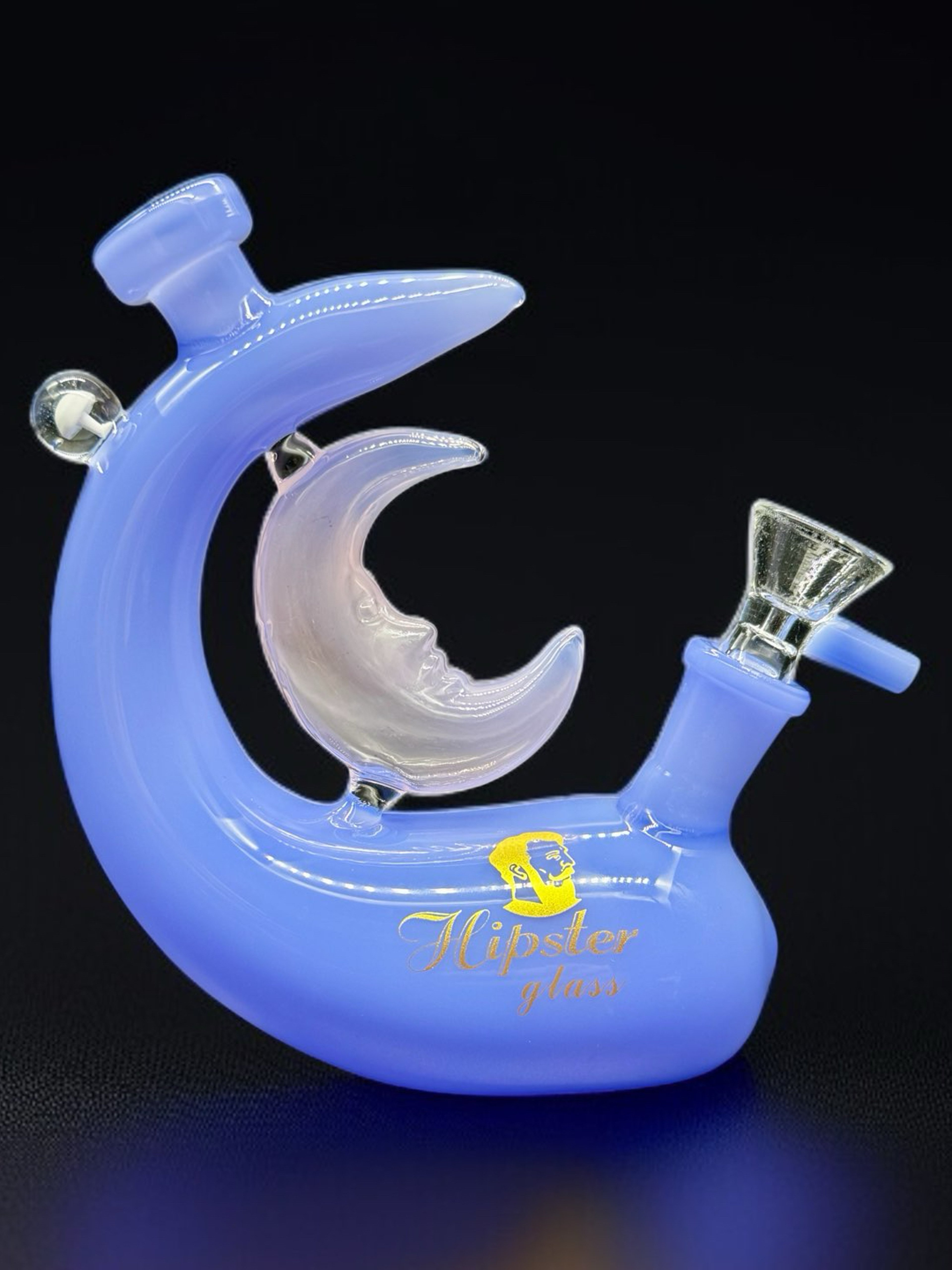 Preview pic of Hipster Glass 6” Crescent Moon Mini Bong – Blue Borosilicate Water Pipe with 14mm Bowl (Model SQ022)