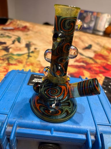 Preview pic of HELL RAISER -extinct glass, fire &ice wigwag , studded with 12 heady cartoon milliesl