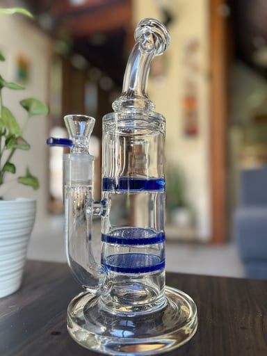 Preview pic of Triple Honeycomb + Turbine Perc Bong w/ Matching 3-Perc Ash Catcher (Blue Accents)