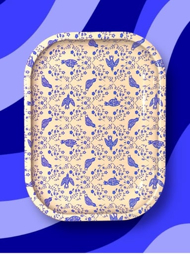 Preview pic of Small "8 × 4" Vintage Cream Colored Rolling Tray with Royal Blue Birds & Floral Accents