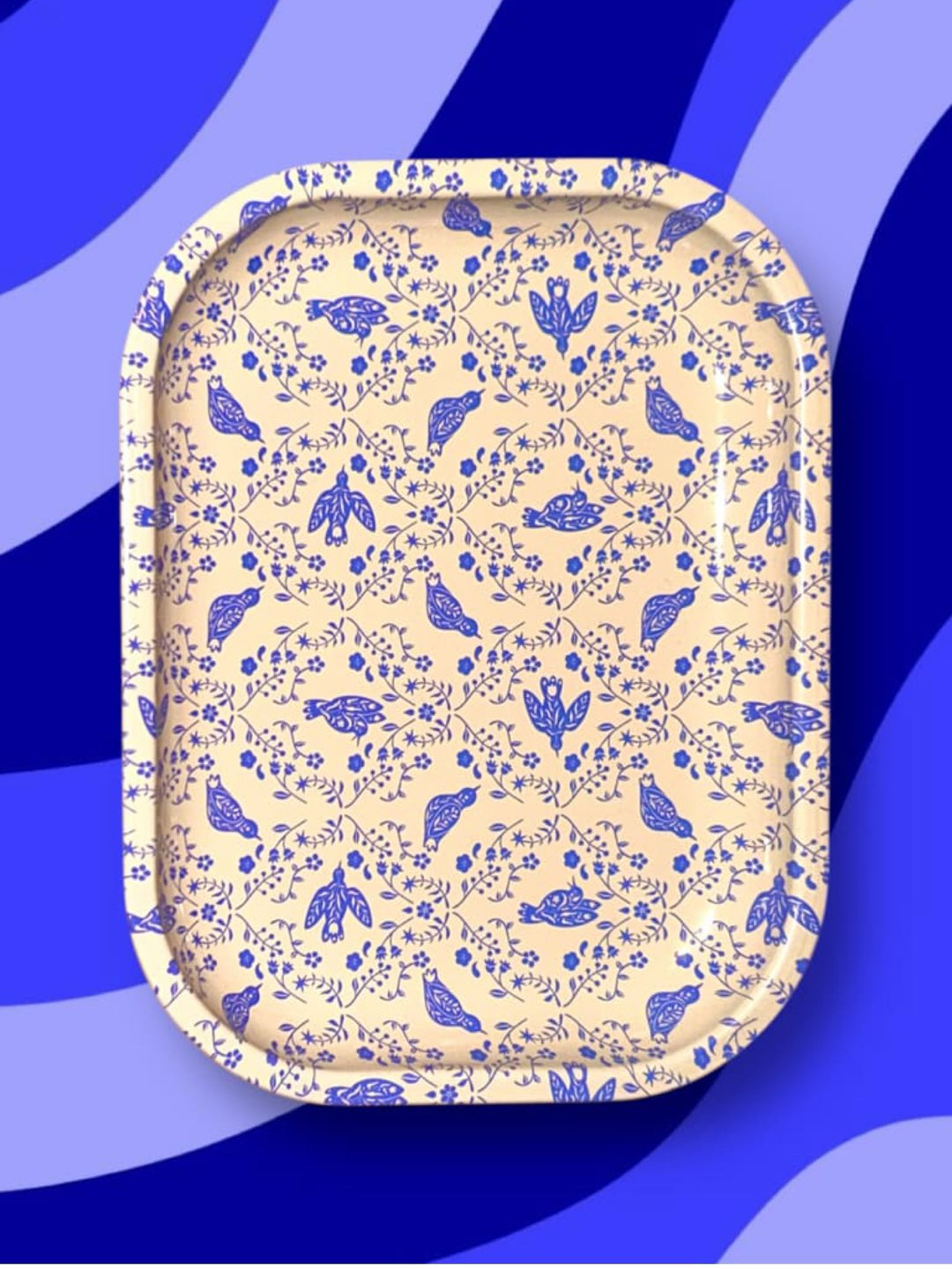 Small "8 × 4" Vintage Cream Colored Rolling Tray with Royal Blue Birds & Floral Accents image 0