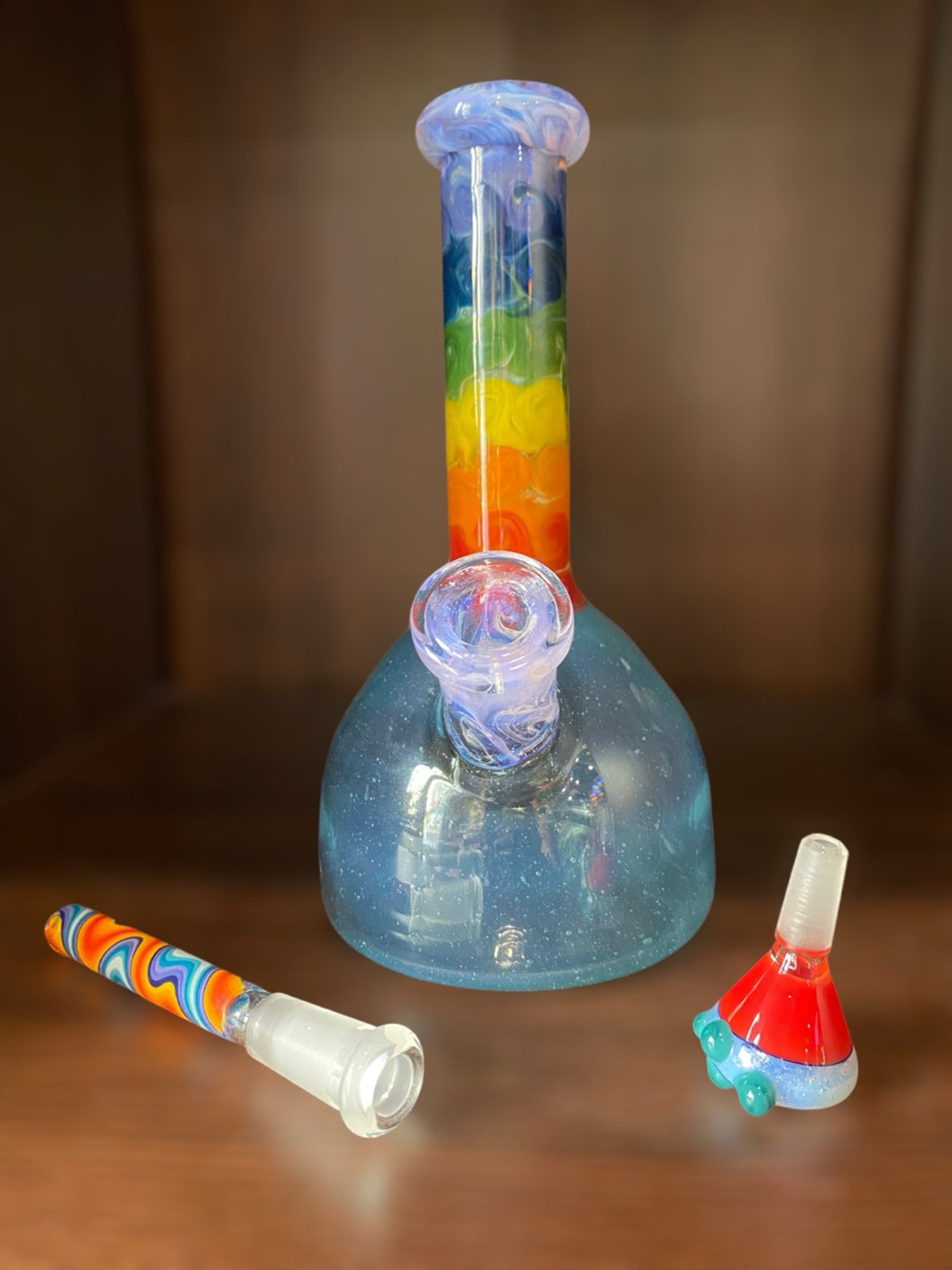 Preview pic of Rainbow Swirl with iridescent Big bubble base 7.5” Waterpipe By Oxy Glass