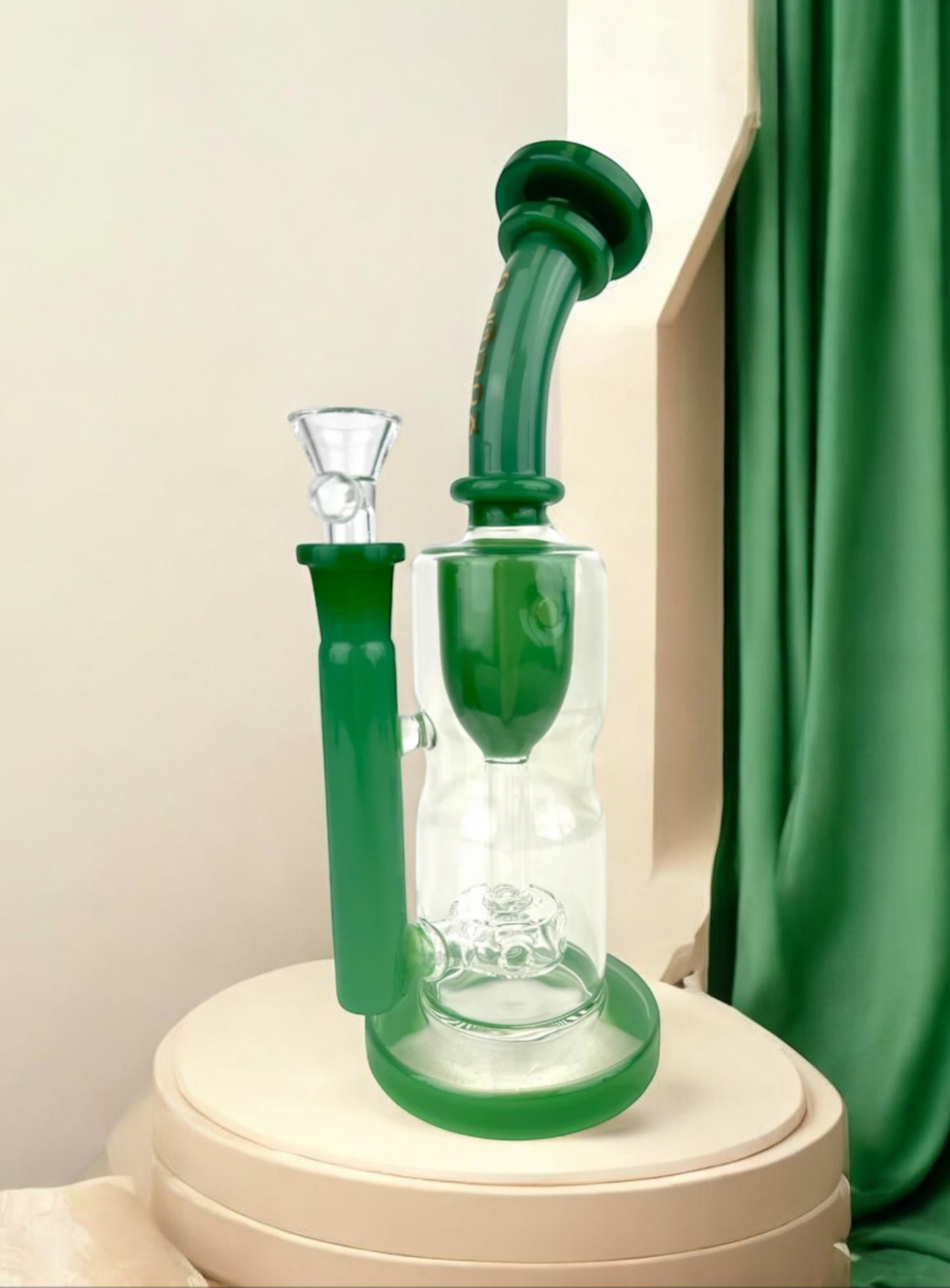 Preview pic of Cali CloudX 10” 🪴 Incycler w/ Curved Neck 4-Hole Disc Perc Bong, Dark Opaque Green