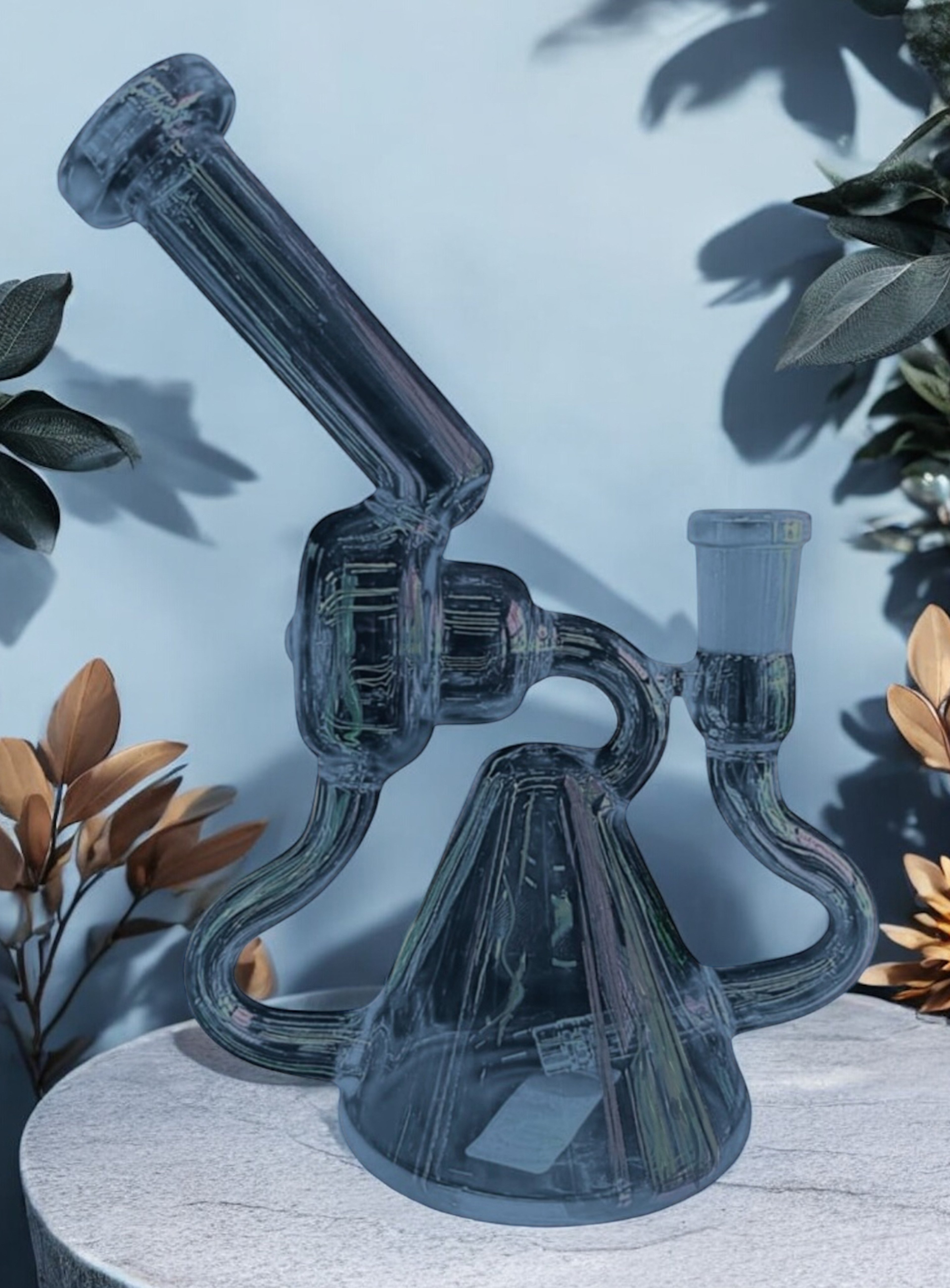Preview pic of (Style 1) 8” Navy Blue 🧜🏻‍♀️ Recycler Bong w/ Microscope Neck & 6-Slit Perc