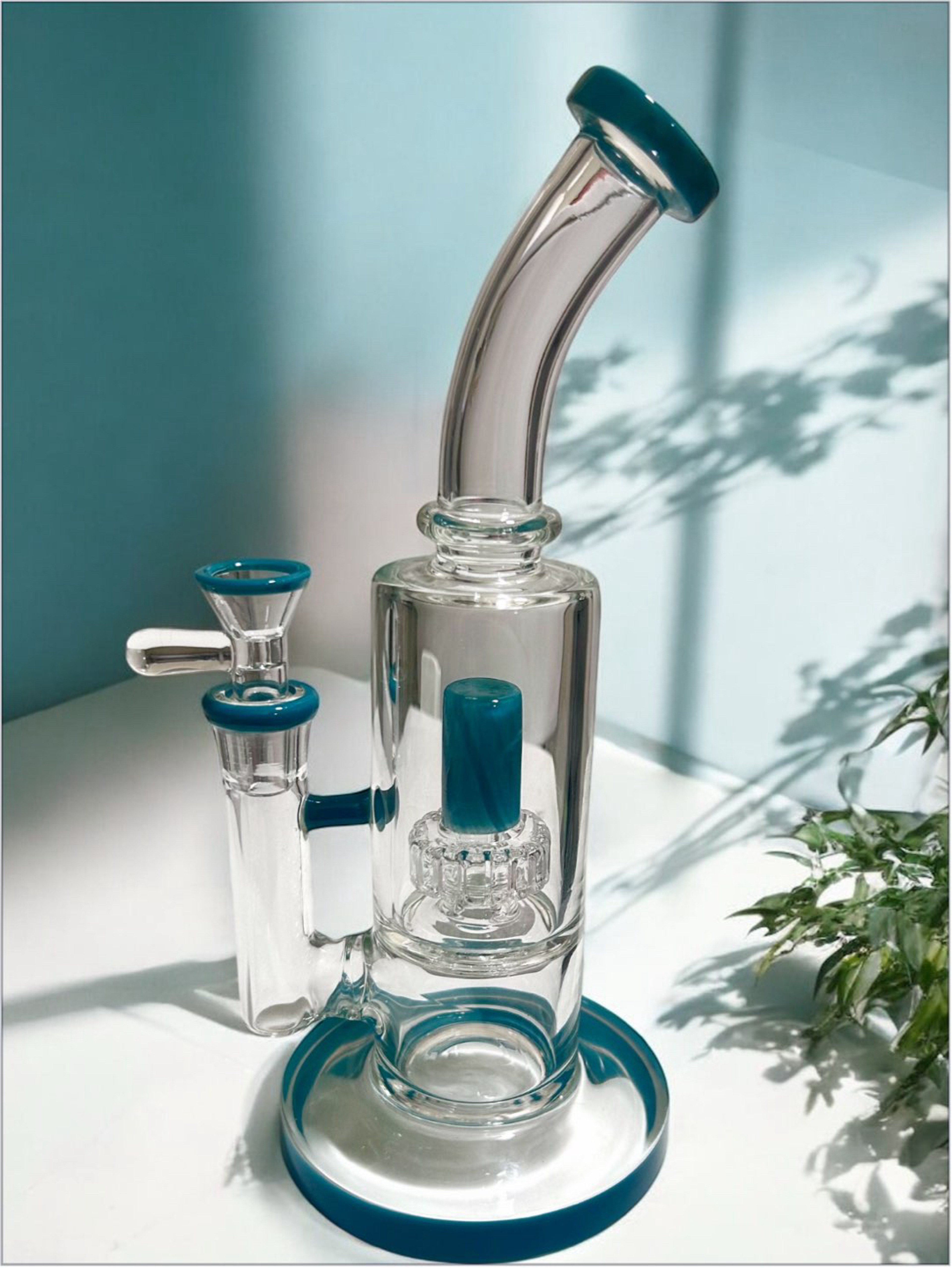 Preview pic of 10” Teal Accented Clear Glass Bong w/ UFO Matrix Percolator 🛸 & Curved Neck w/ 14mm Joint & Martini Slide Included