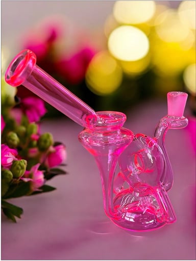 Preview pic of (Style 2) 8” Neon Pink 💖 Recycler Bong w/ 6-Slit Perc