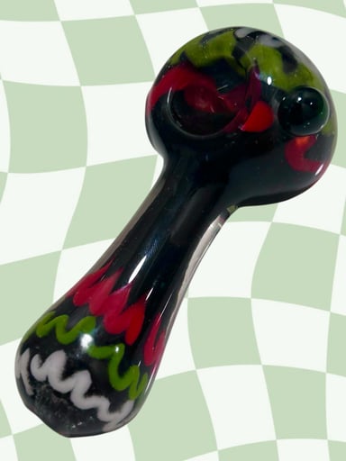 Preview pic of 4” Thick Black Glass Marbled Dry Hand Pipe w/ Red, Lime Green, & White Squiggles & Swirls