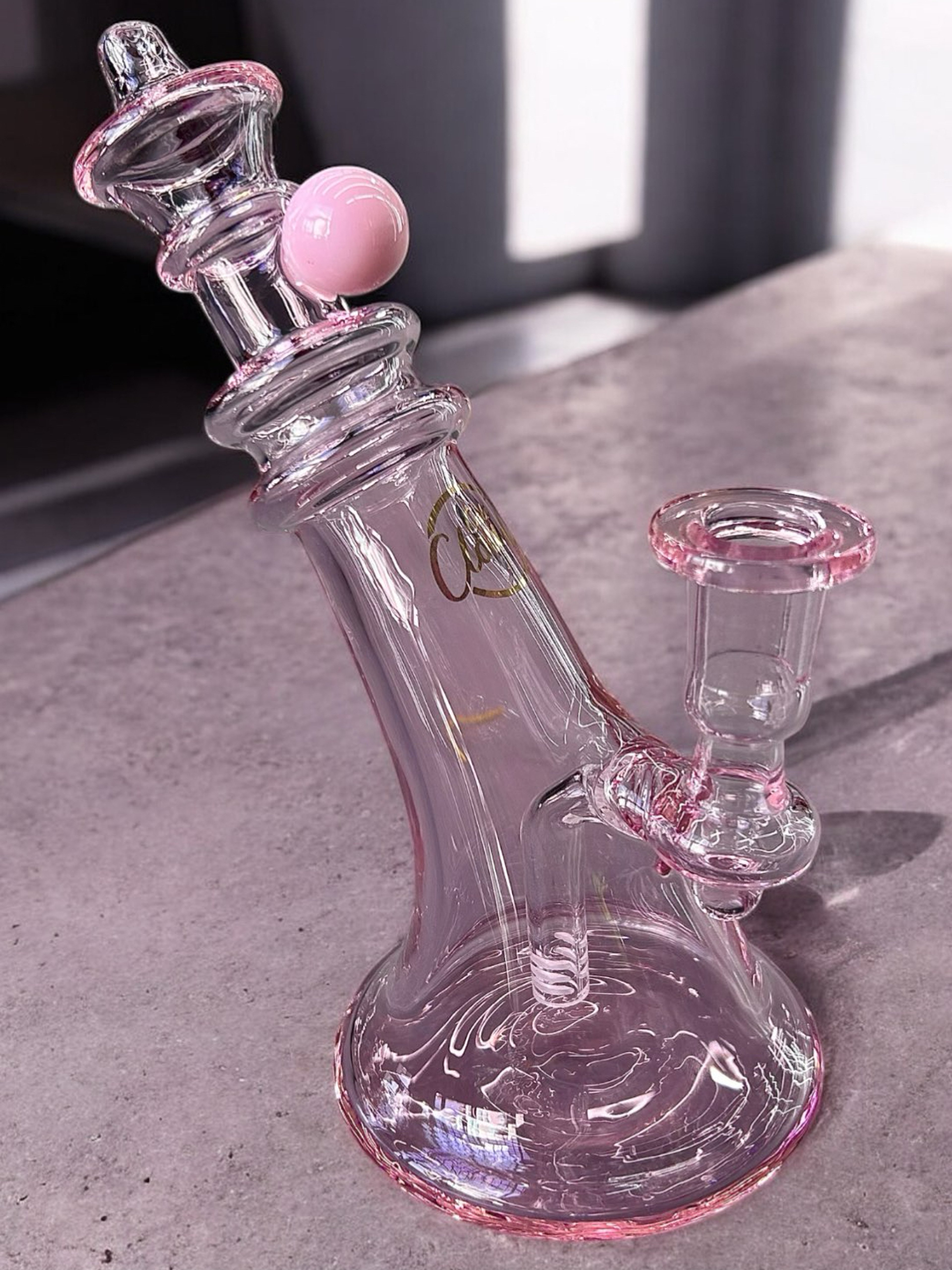 Preview pic of Cali Cloud Light Pink 🍬 7” Sloped Art Deco Bong w/ 6-Slit Perc
