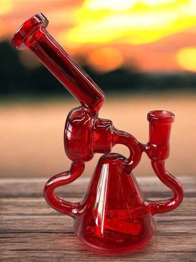 Preview pic of (Style 1) 8” Ruby Red 🍓 Recycler Bong w/ 6-Slit Perc
