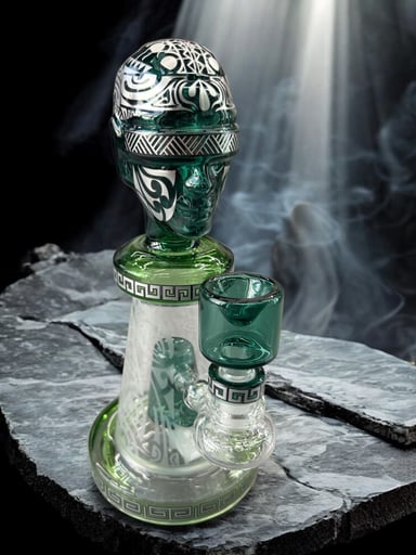 Preview pic of 9” Tribal Ancient Alien 👽 Statue Frosted Green Bong & 14mm Male Bowl Piece