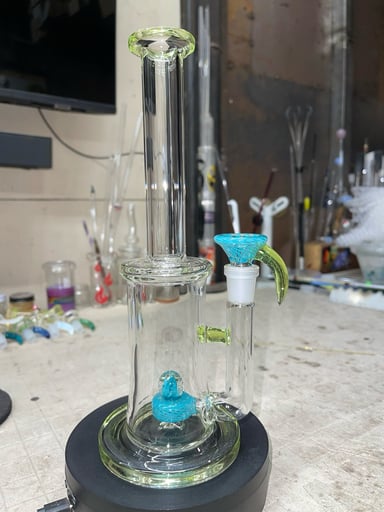 Preview pic of 10.5” tall 14mm 3 holes slide, aqua retti and slyrm color accents