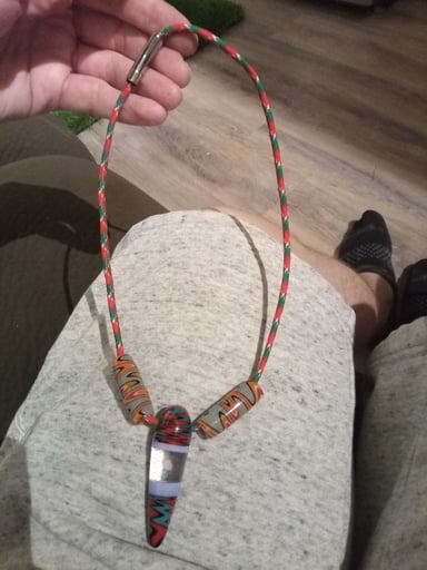 Preview pic of Encased floating opal wig-wag amulet/bullet pendant w/ orange,teal,black & white matching tube beads set.