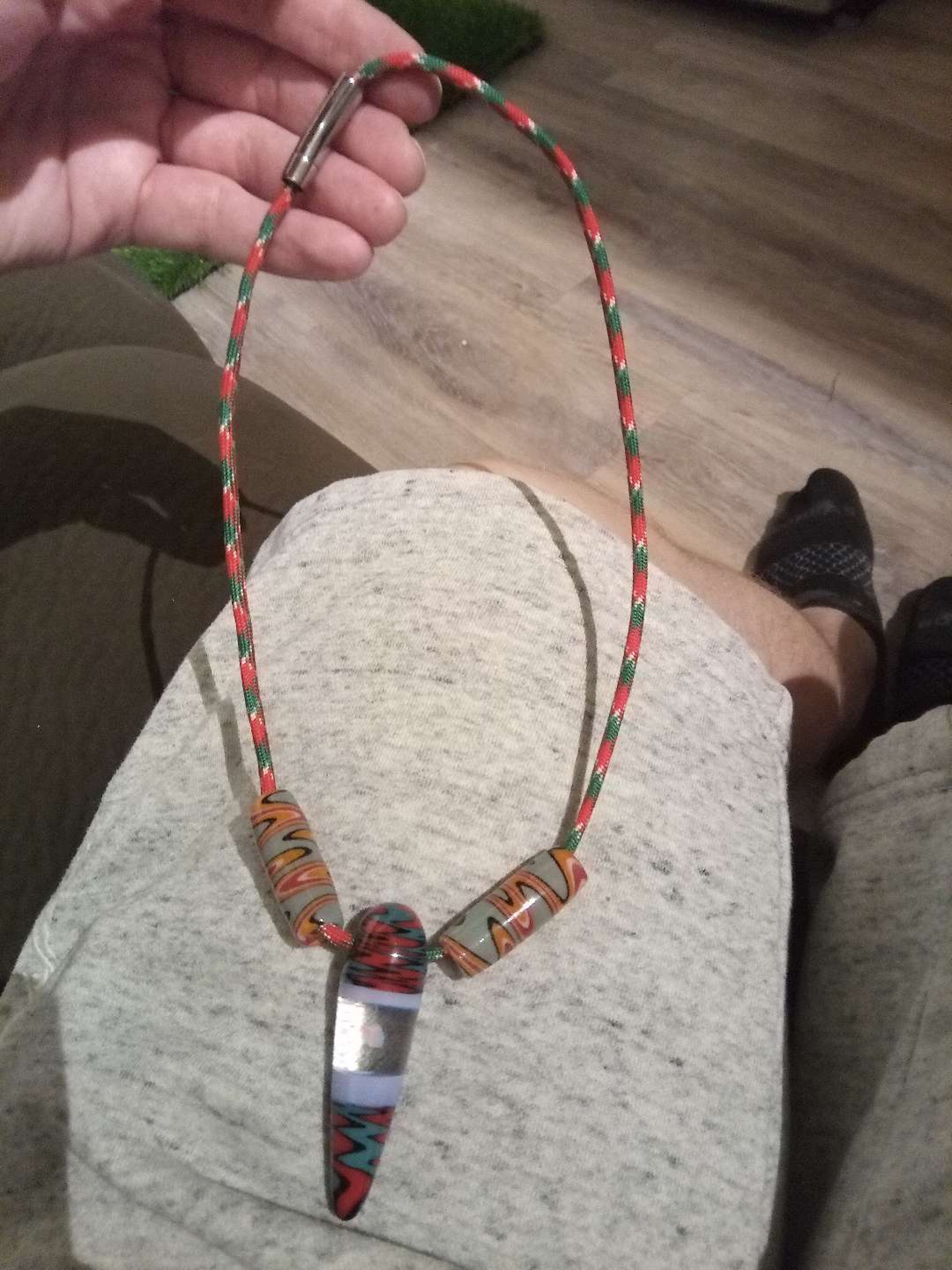 Preview pic of Encased floating opal wig-wag amulet/bullet pendant w/ orange,teal,black & white matching tube beads set.