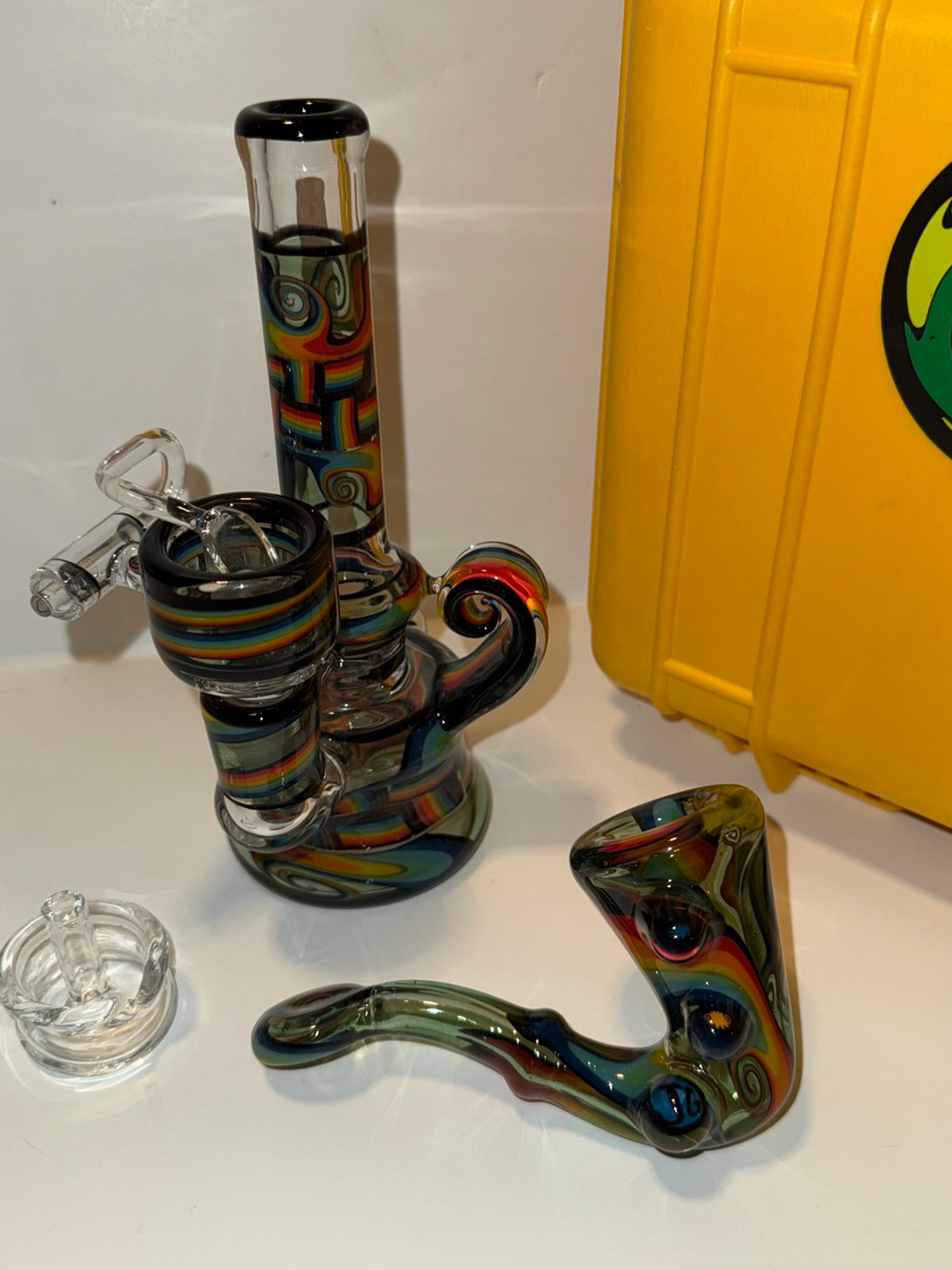 Jeff Green Glass Rainbow Chip Stack Banger Hanger & Sherlock Set image 0